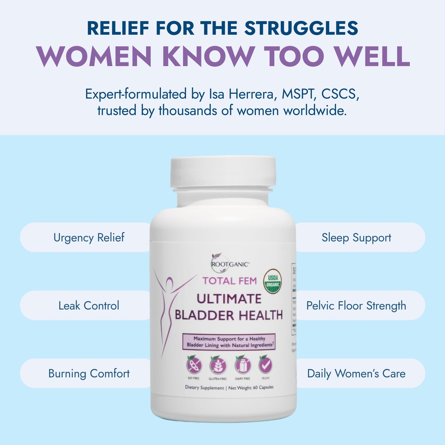 Rootganic Total Fem Ultimate Bladder Health for Women with USDA Organic D-Mannose, Cranberry Powder, Uva Ursi and Hibiscus Flower Extract Capsules, 60 Count