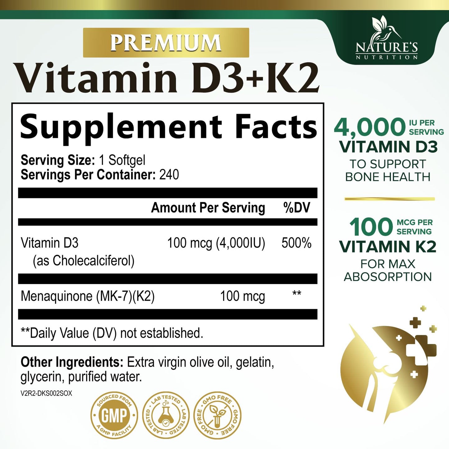 Nature's Nutrition Vitamin D3 & K2 Softgels 4000 IU (100 mcg) per Serving, 2-in-1 for Bone, Heart & Muscle Support, Immune Support & Calcium Absorption with Olive Oil, Non-GMO USA Bottled, 240 Softgels