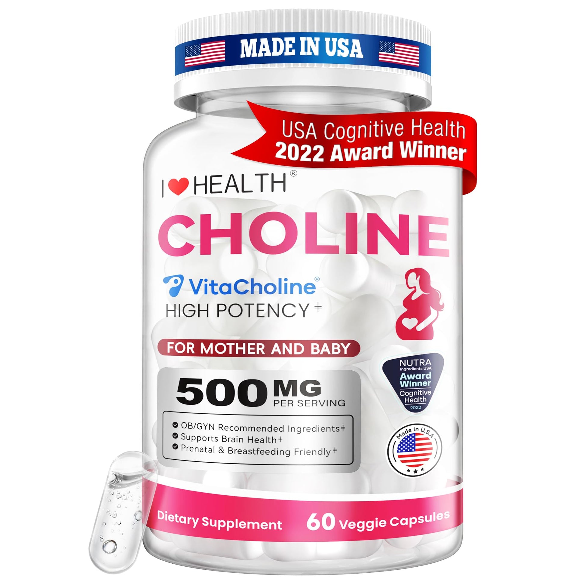 I LOVE HEALTH VitaCholine Choline 500mg Prenatal Capsule, 60 Count