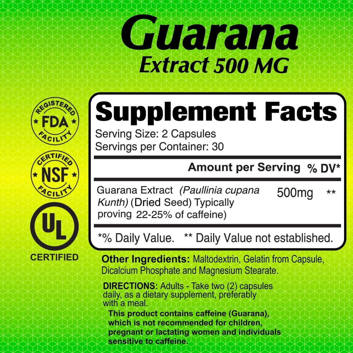 ALFA VITAMINS Guarana 500 MG Natural Herbal Caffeine Energizer Supplement Capsules, 60 Capsules