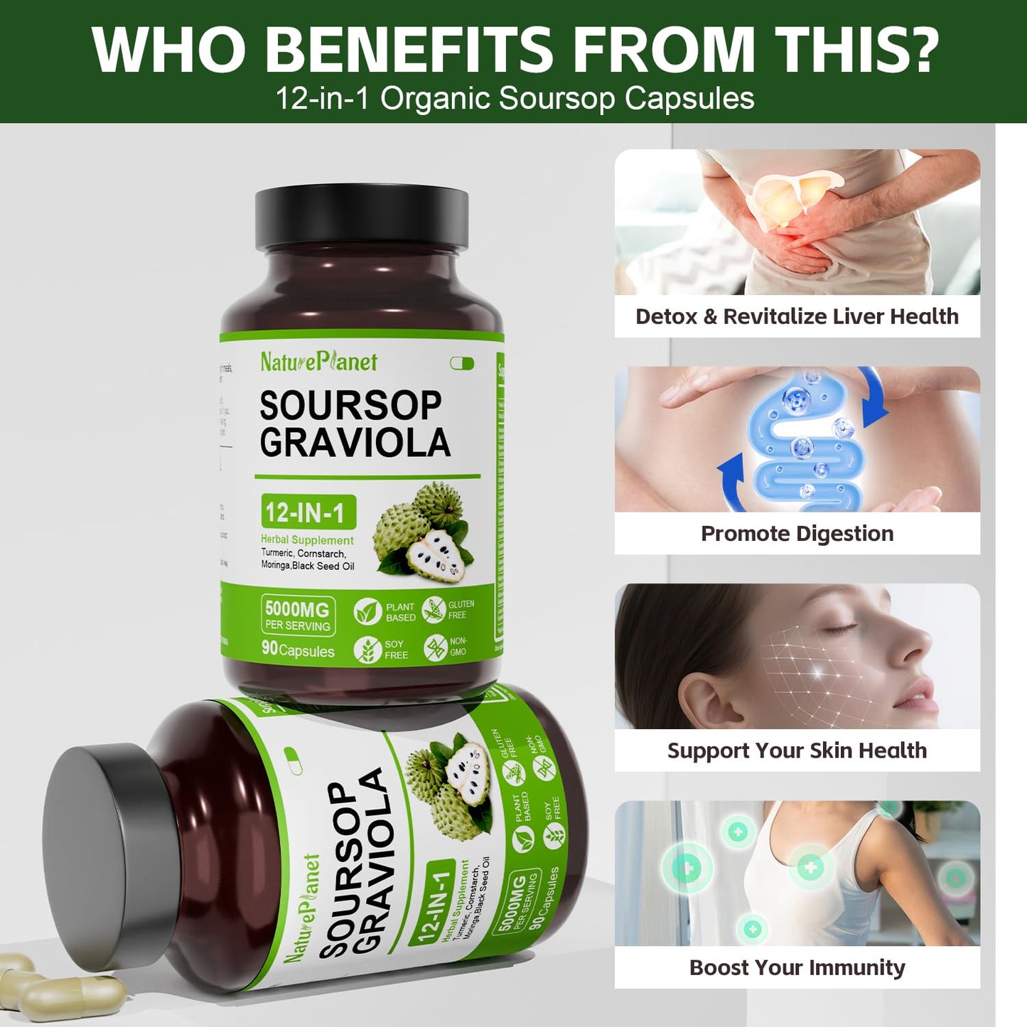 NaturePlanet Soursop 12-in-1 Immune & Gut Support Vegan Capsules 180 Count