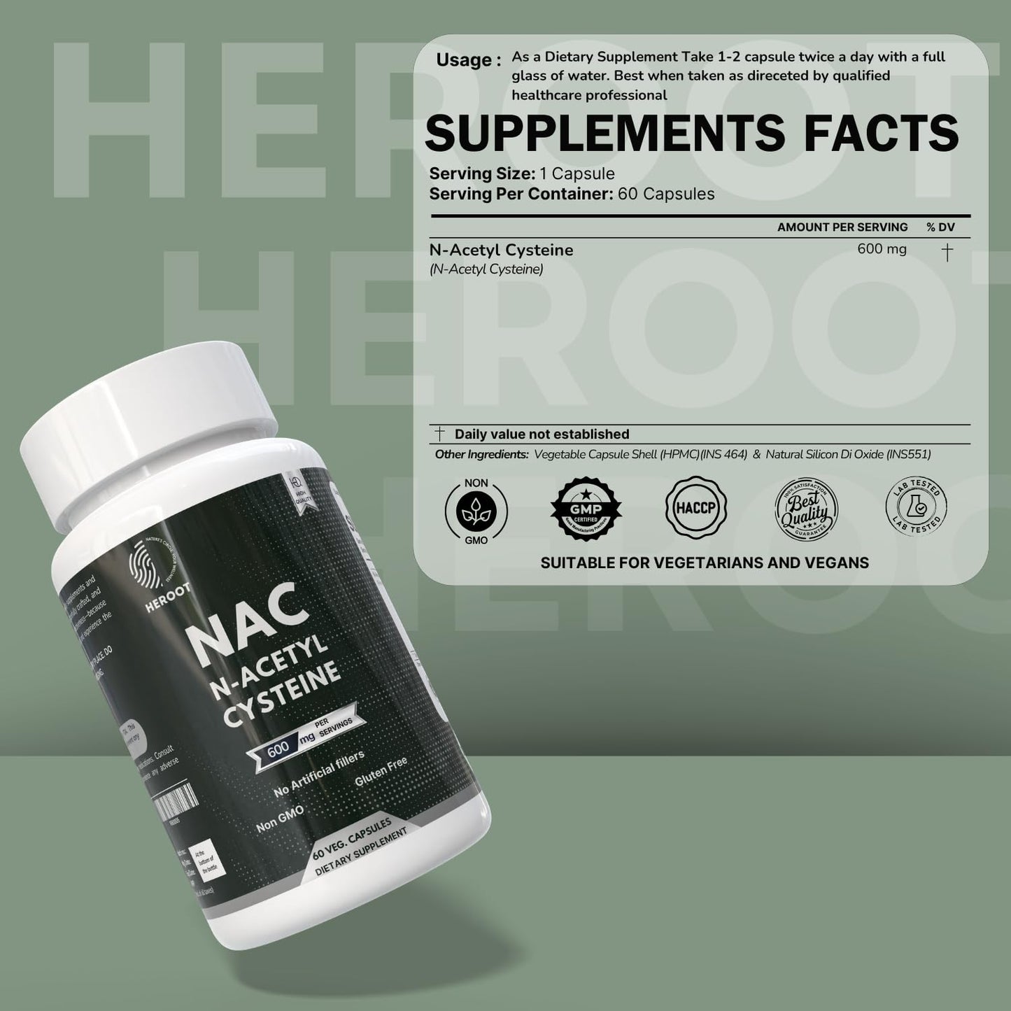 Heroot N-Acetyl L-Cysteine (NAC) 500mg Capsule, 120 Count