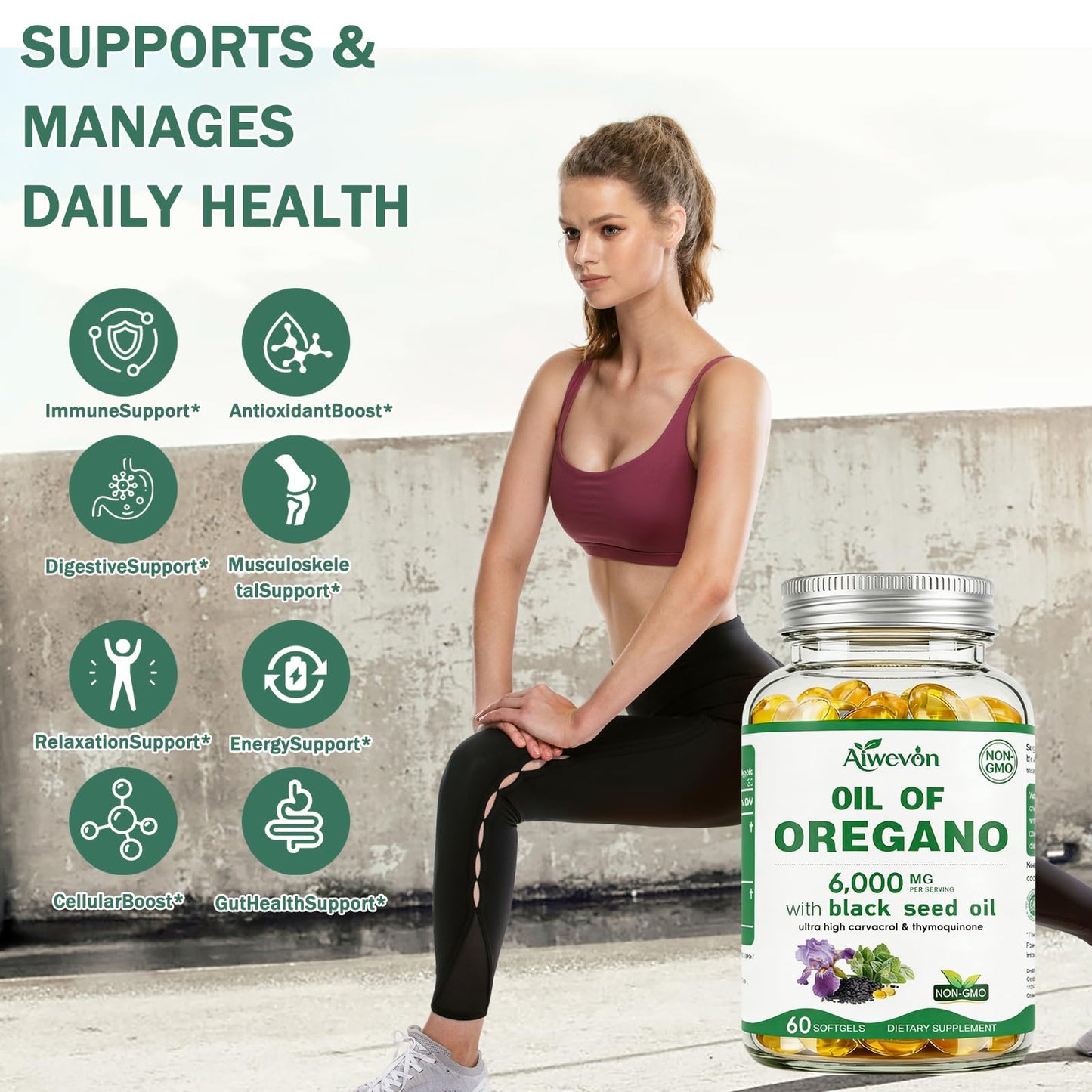 Aiwevon Oil of Oregano with Black Seed Oil, Carvacrol & Thymoquinone Softgels 60 Count