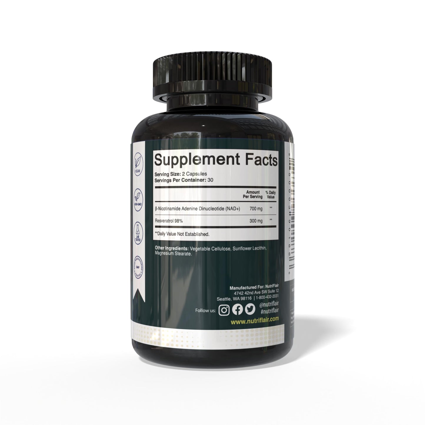 NutriFlair Liposomal NAD+ Supplement with Resveratrol 1000mg per Serving, 60 Capsules