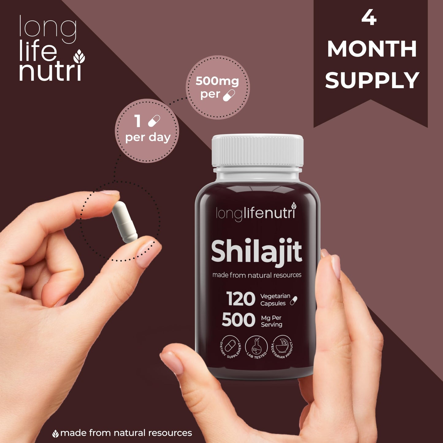 LongLifeNutri Shilajit Pure Himalayan Extract 500mg with 15% Fulvic Acid, 120 Vegetarian Capsules