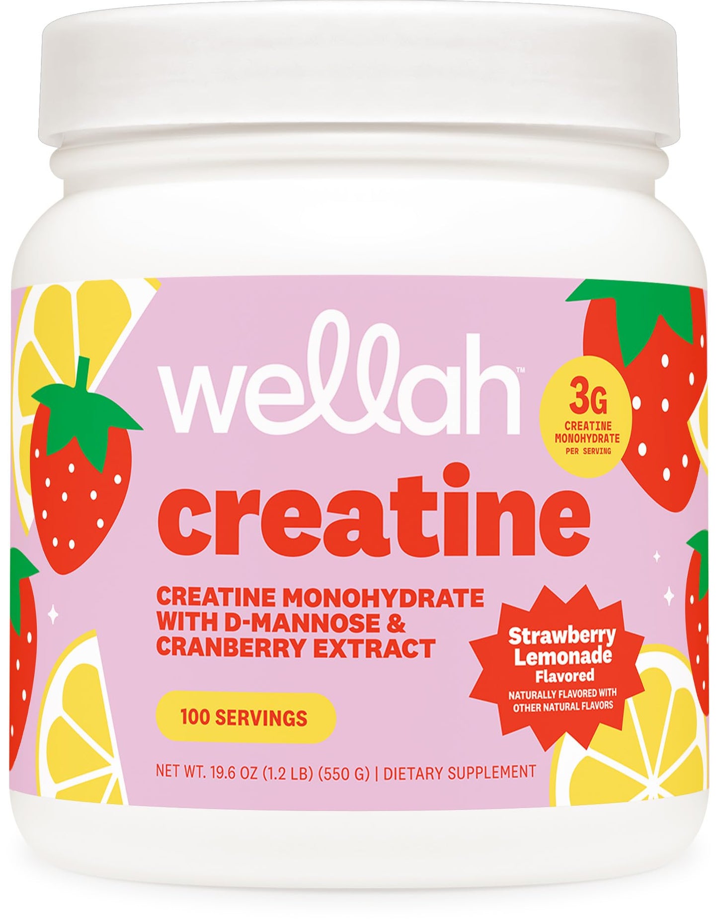 Wellah Creatine for Women (Strawberry Lemonade) Powder, 100 Servings