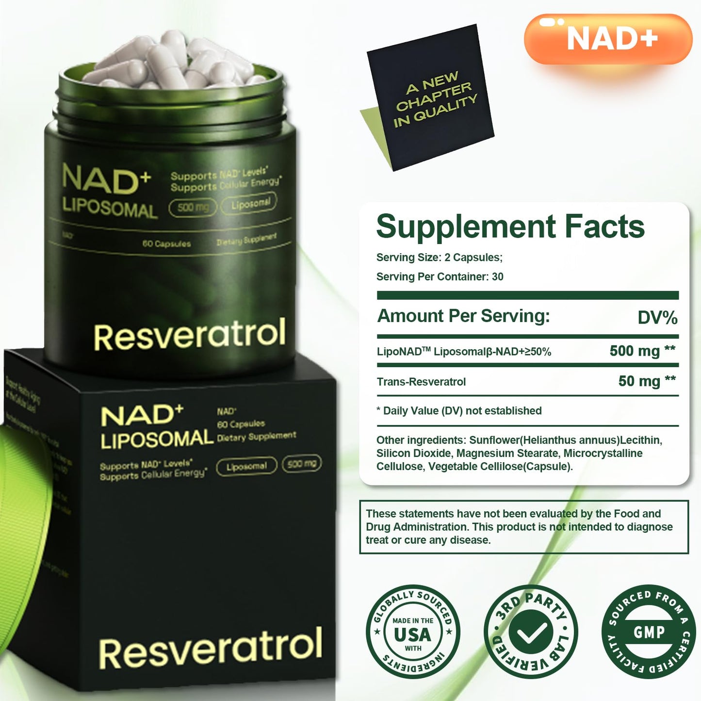 Cohbskj NAD Nicotinamide Riboside Resveratrol Liposomal NAD+ Resveratrol, 60 Capsules