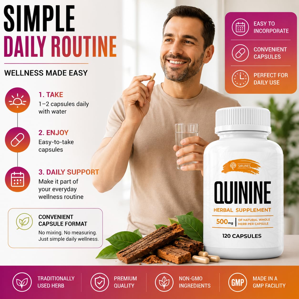 SIRUNES Leg Cramps Relief Quinine Capsules – Natural Cinchona Bark Supplement for Cramp Defense & Digestive Health – 500 mg Quinine, 120 Count