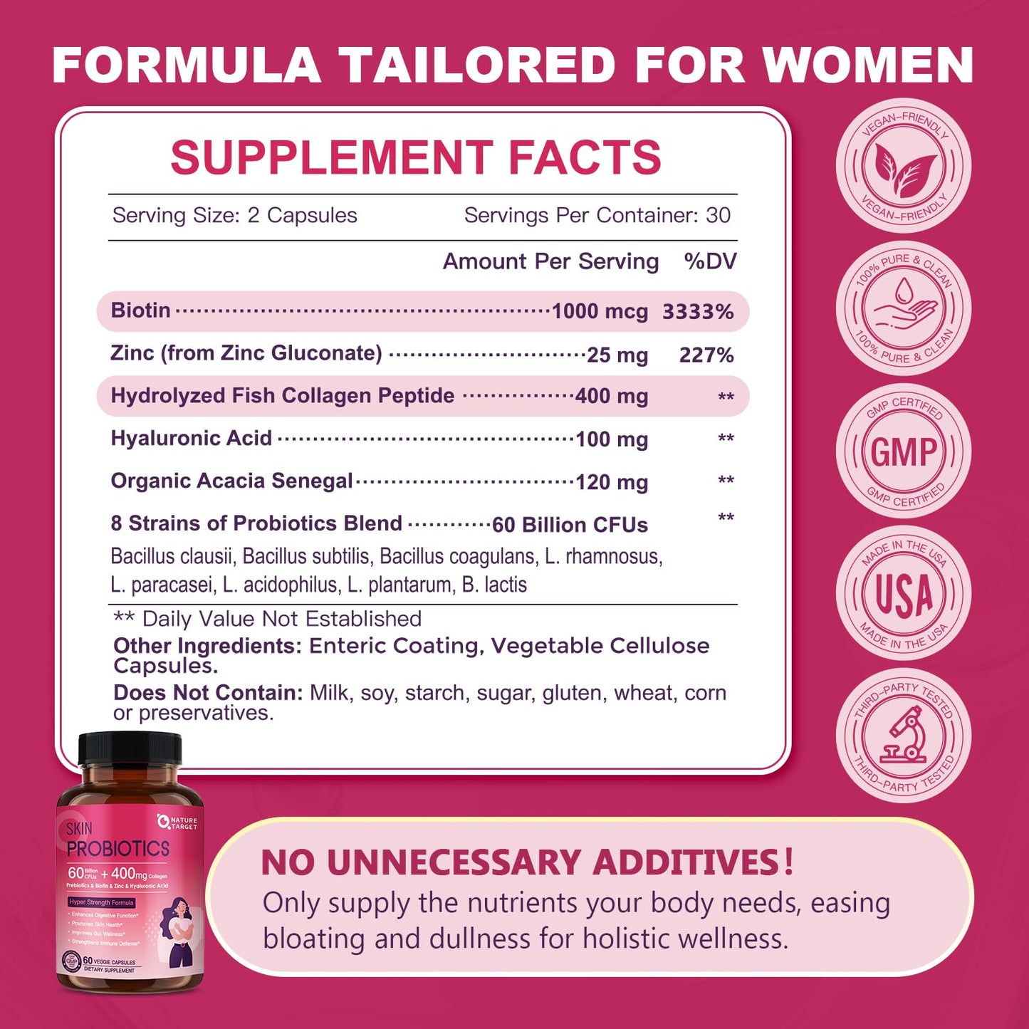 NATURE TARGET Probiotic for Women for Skin Health Capsules, 60 Count