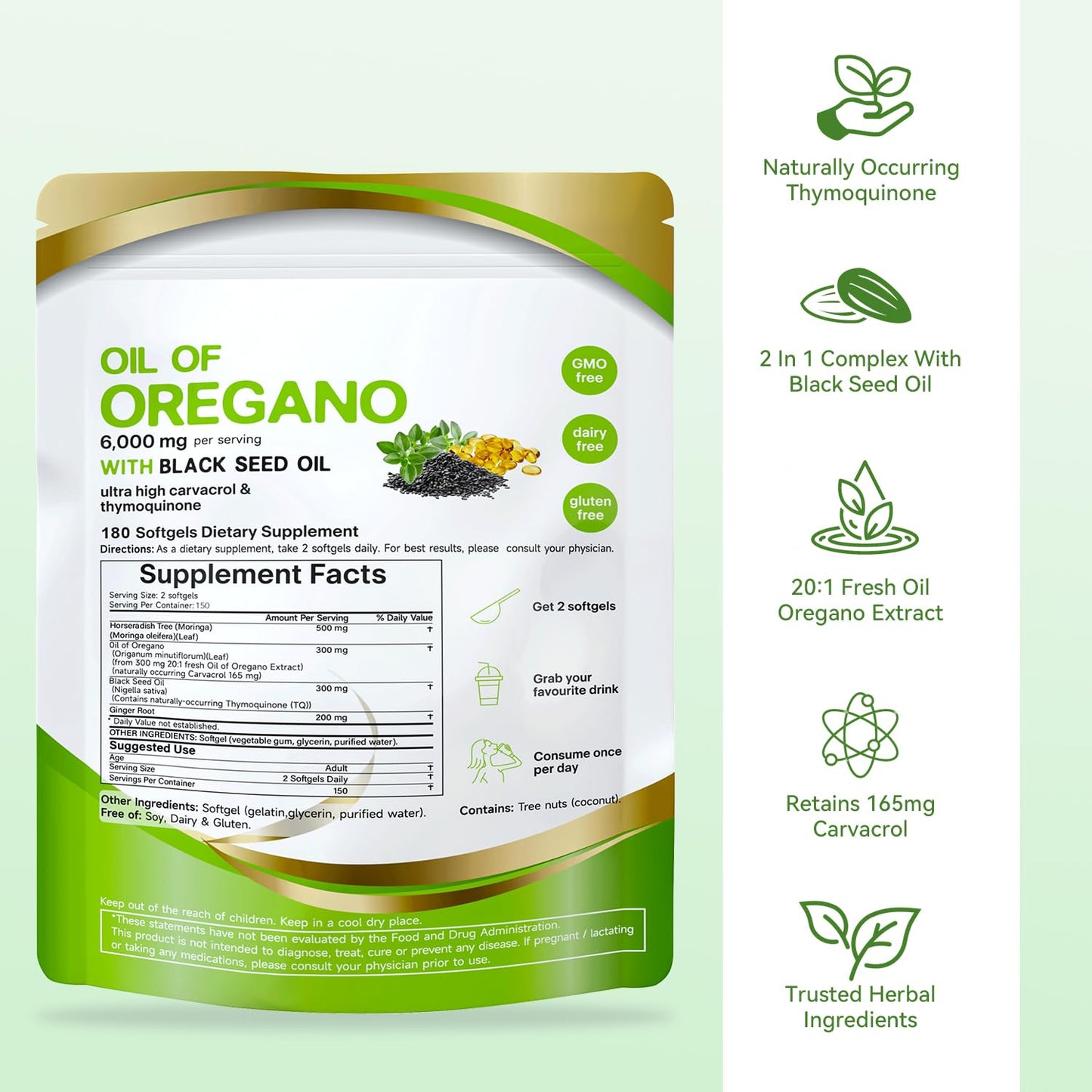 Mtmult Oil of Oregano with Black Seed Oil 6000mg & Moringa Softgels, 180 Softgels