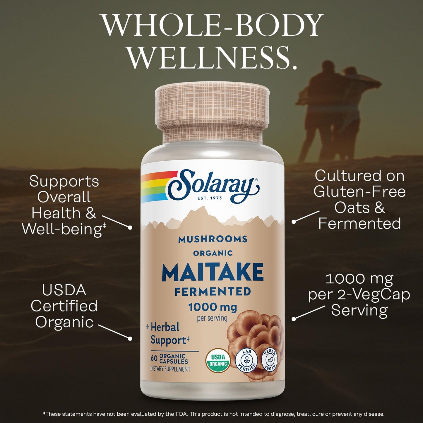 SOLARAY Organic Fermented Maitake Mushroom Supplement 1000mg Capsule, 60 VegCaps