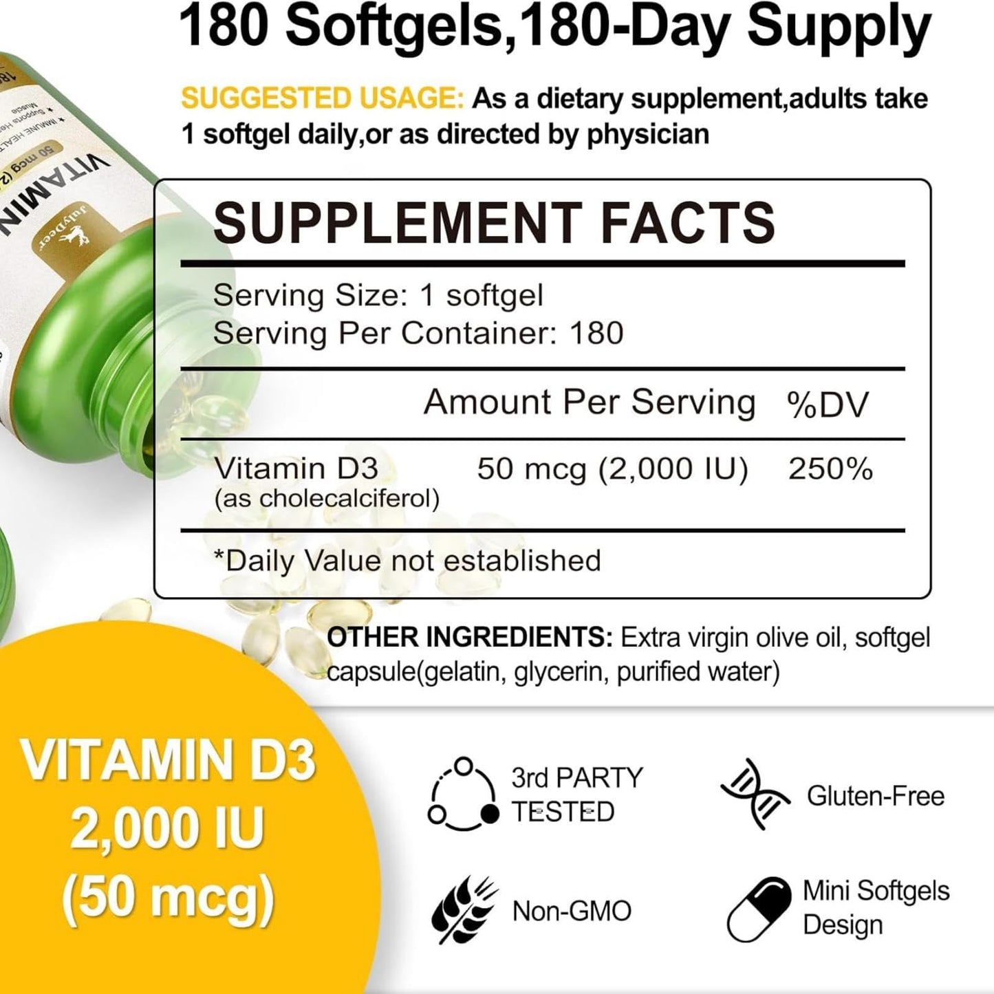 VBTOP NUTRA Vitamin D3 2000 IU (50 mcg) Supplement With Olive Oil Softgel, 180 Softgels