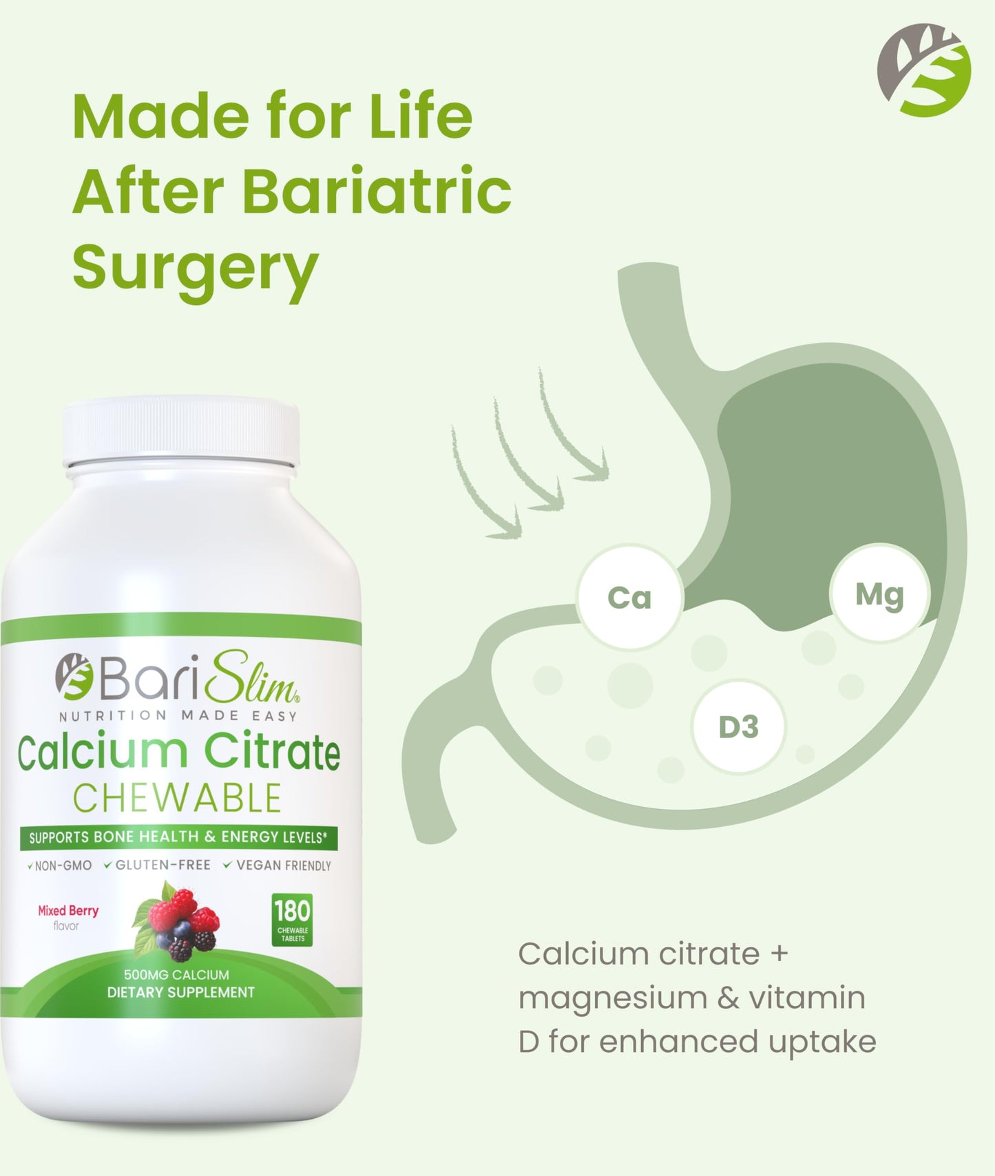 BariSlim Bariatric Calcium Citrate with Magnesium Citrate & Vitamin D Tablets, 180 Count