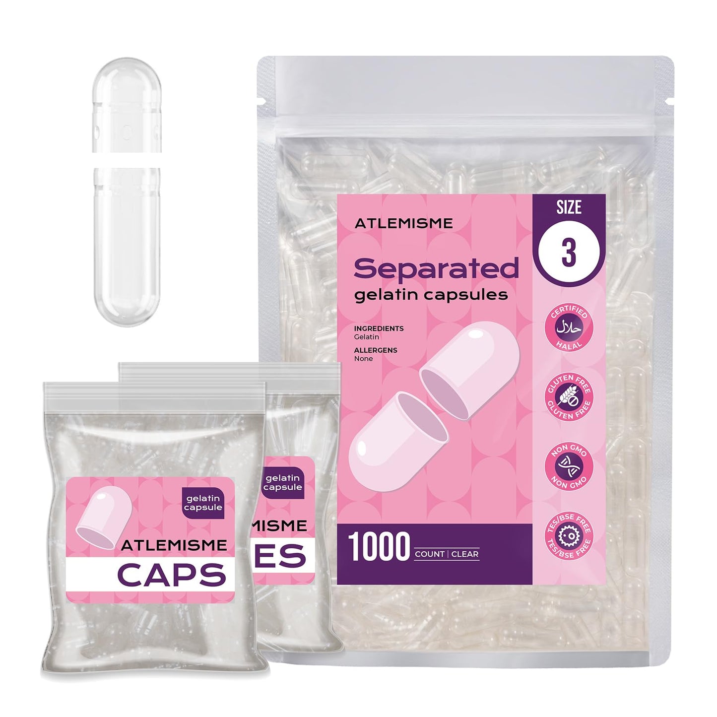 ATLEMISME Gelatin Size 3 Separated Capsules, 1000 Count, Premium Clear Empty Capsules for DIY Supplement Filling