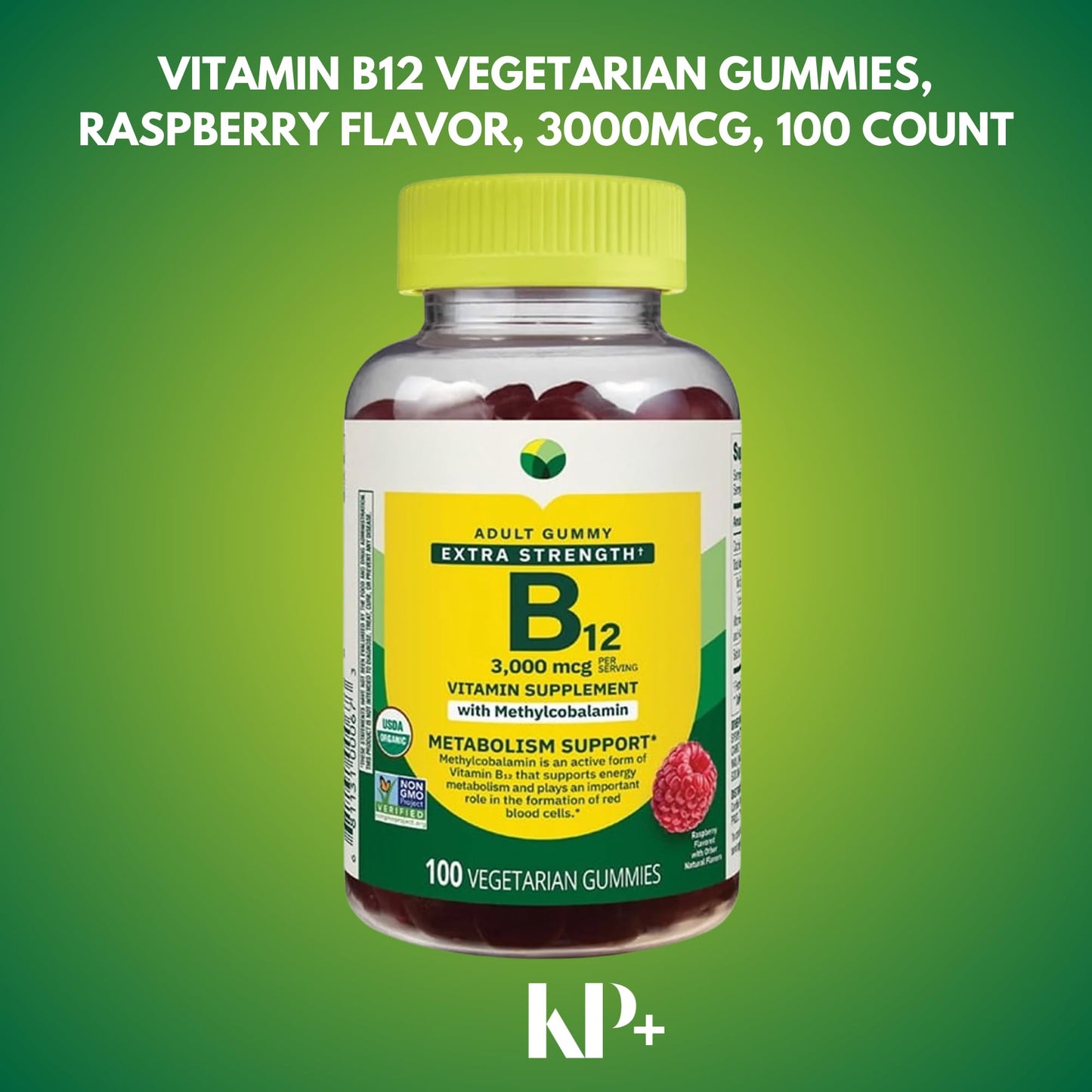 KP+ Vitamin B12 Gummies, 3,000 mcg Extra Strength, Raspberry Flavor, Metabolism Support, 100 Gummies
