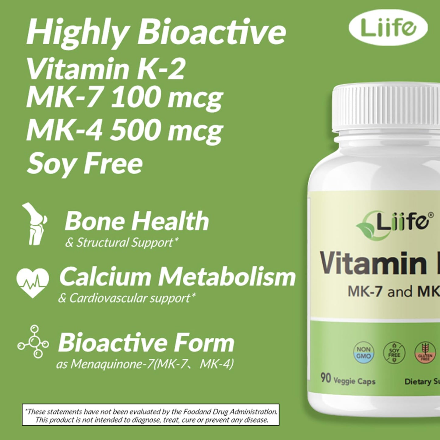 LIIFE Vitamin K2 600mcg Supplement with MK-7 100mcg & MK-4 500mcg Capsules, 90 Count