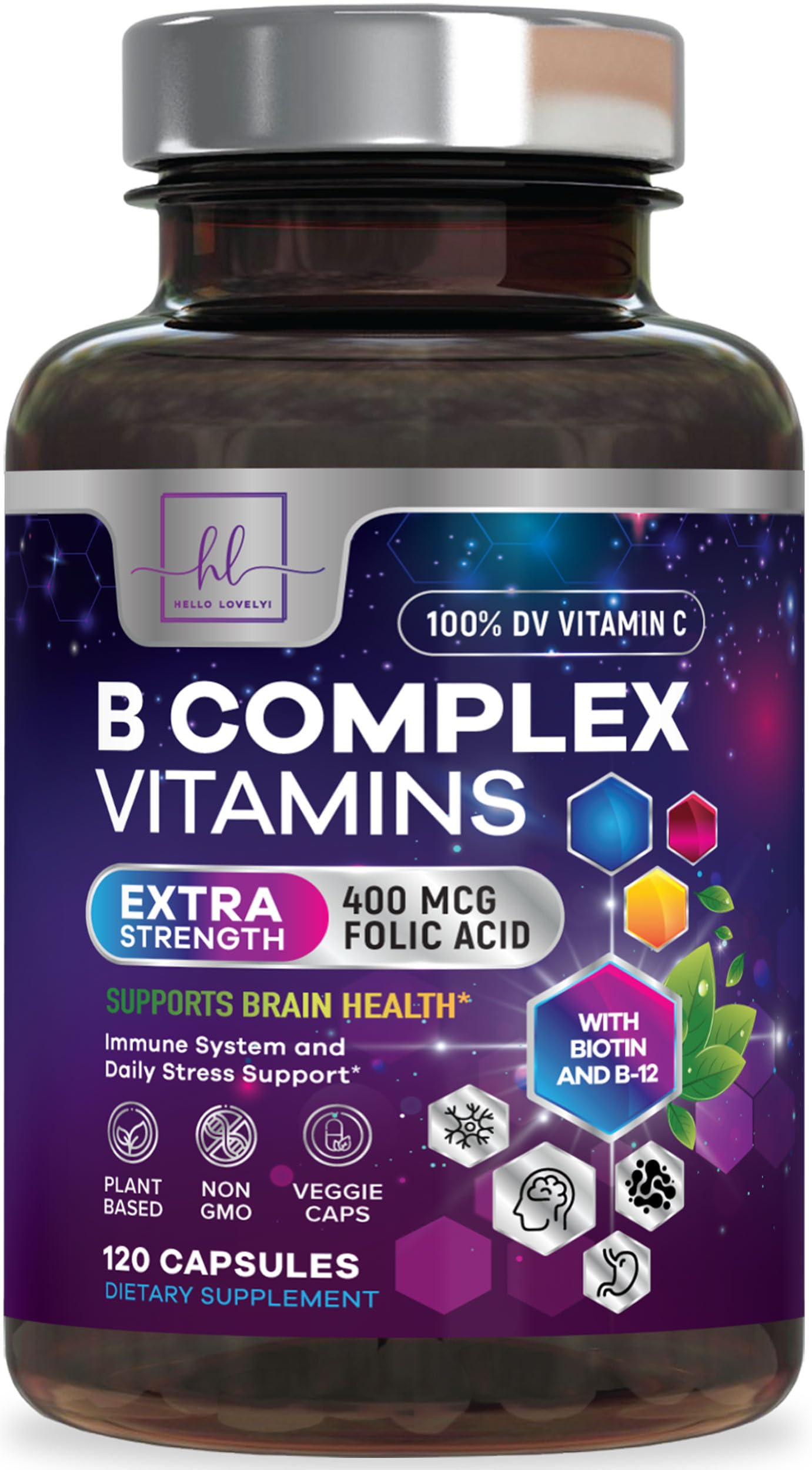Hello Lovely! B Complex Vitamin Supplement 3X Strength with Biotin, Vitamin C & Folic Acid, 120 Capsules