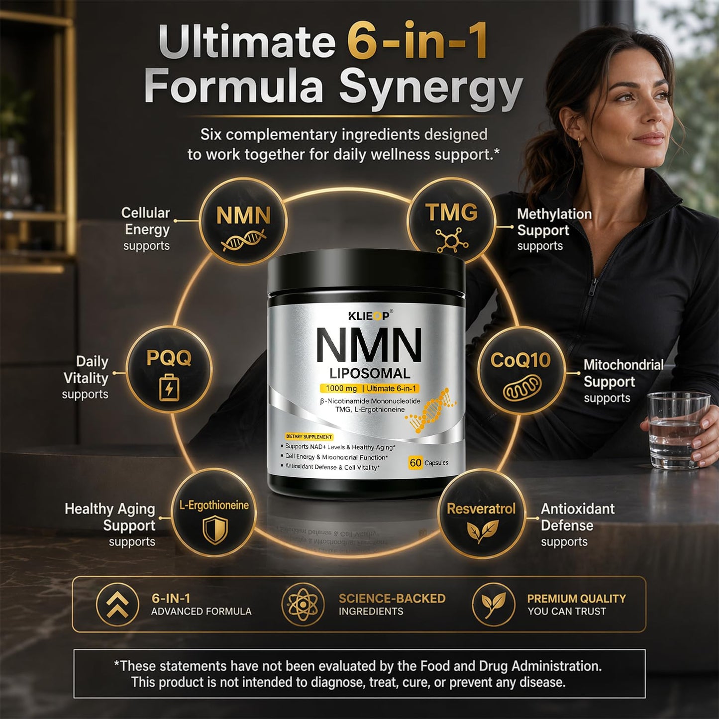 klieop NMN Supplement 1000mg with CoQ10, Resveratrol & PQQ Capsule, 60 Count