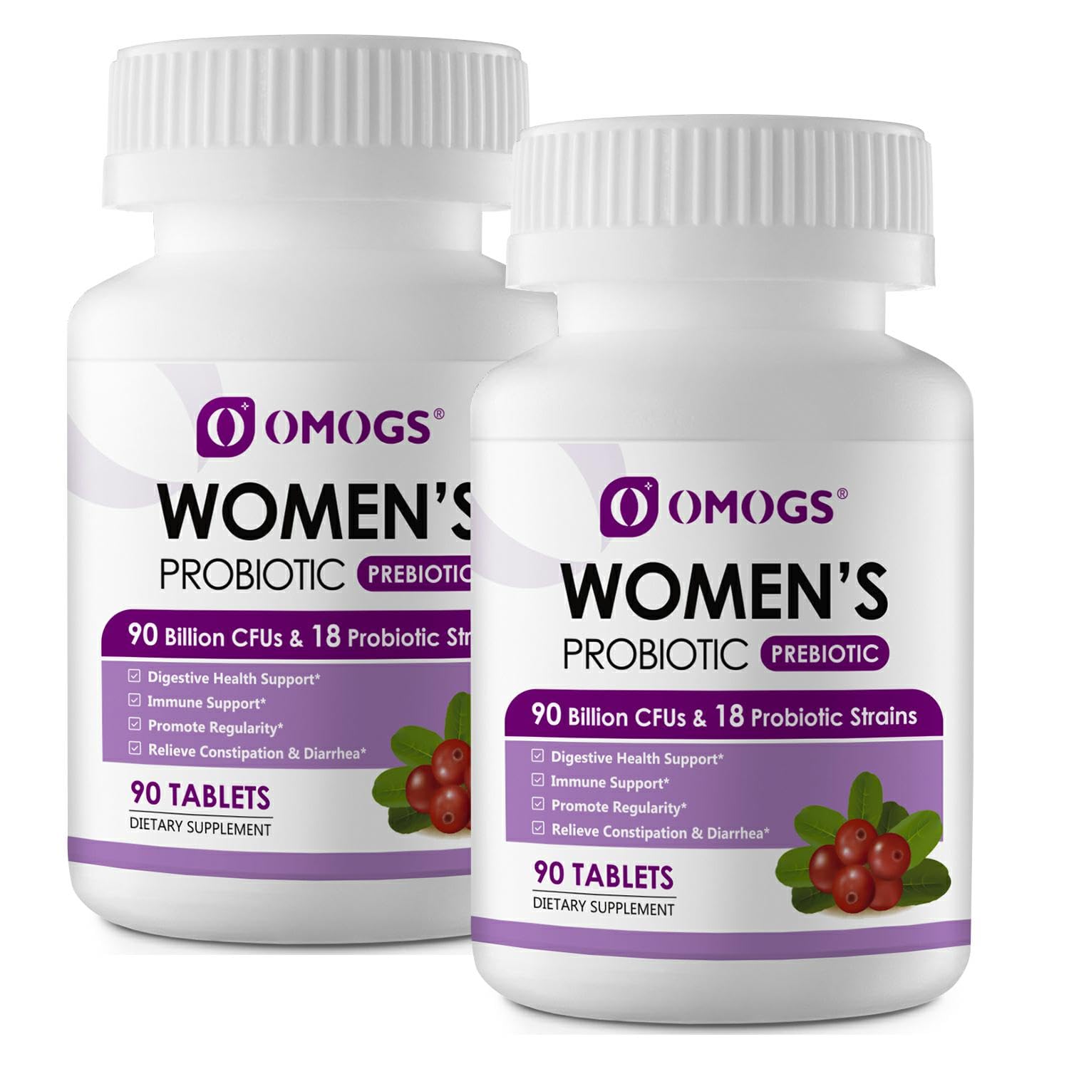 OMOGS Women's Probiotic with Cranberry Extract, Organic Prebiotics & Vitamin C, 180 Tablets
