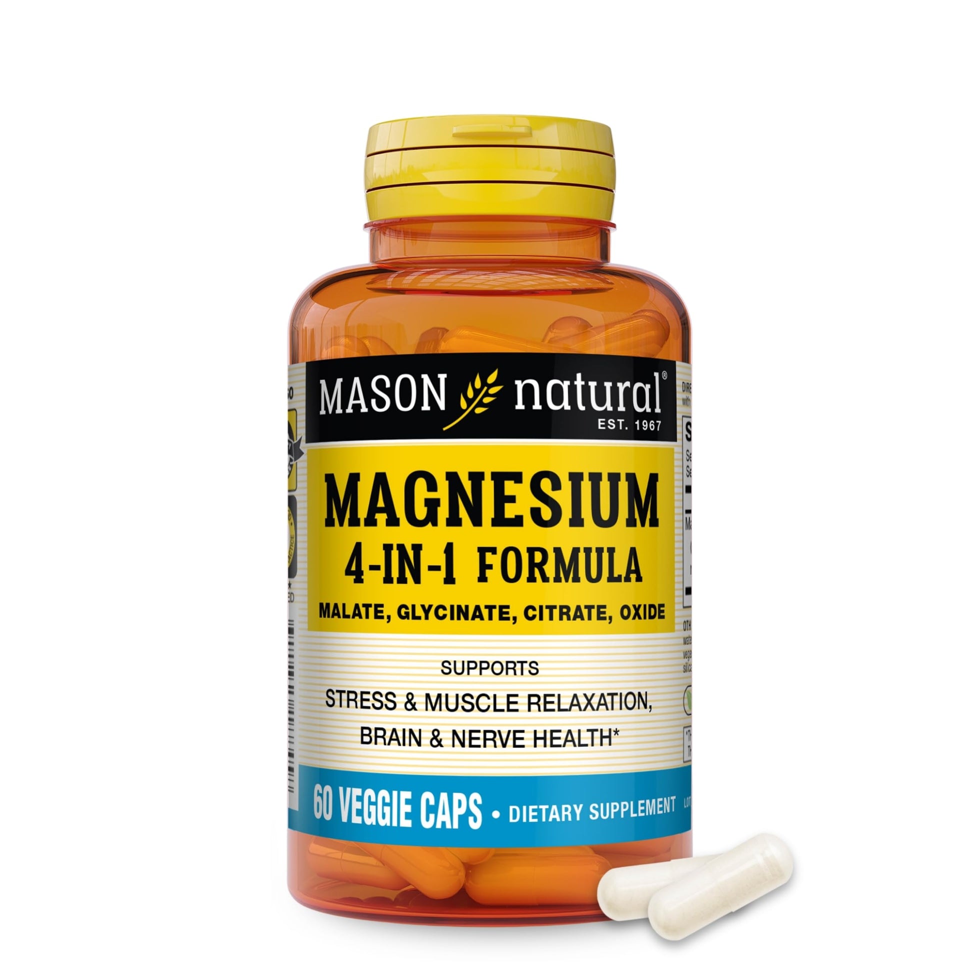 Mason Natural Magnesium 4-in-1 Complex Capsules, 400 mg Magnesium Glycinate, Malate, Citrate & Oxide, 60 Capsules