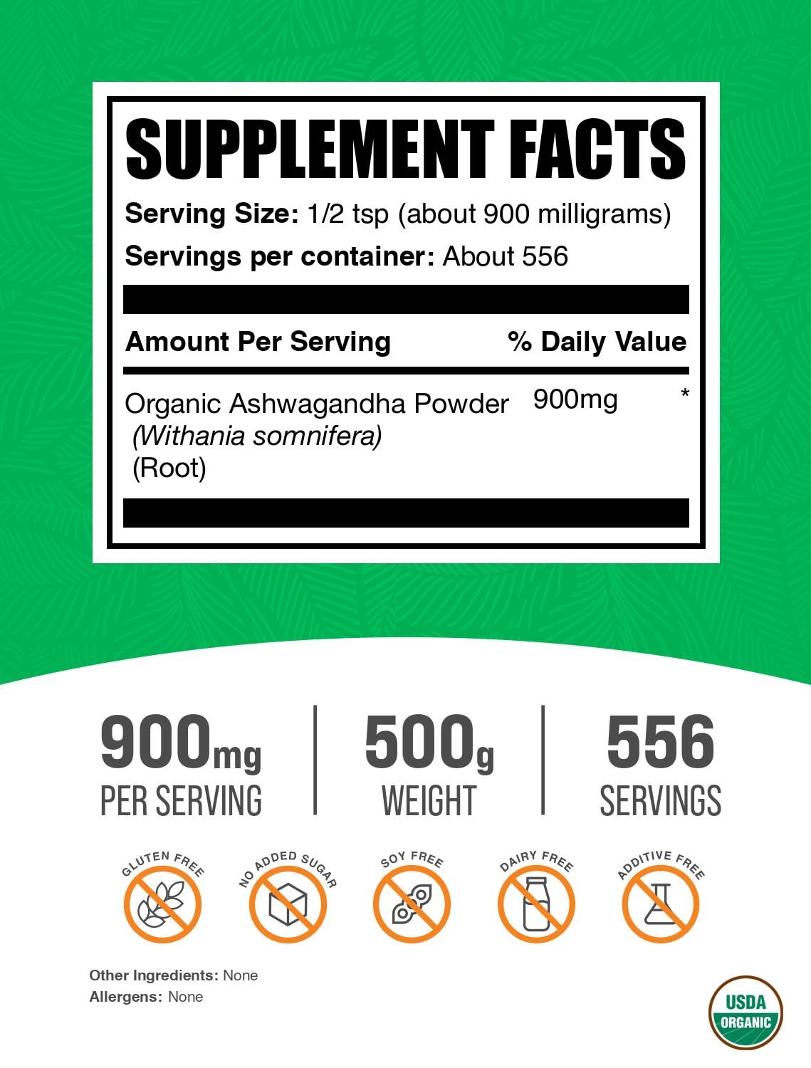 BulkSupplements Organic Ashwagandha Powder 17.6 Ounce