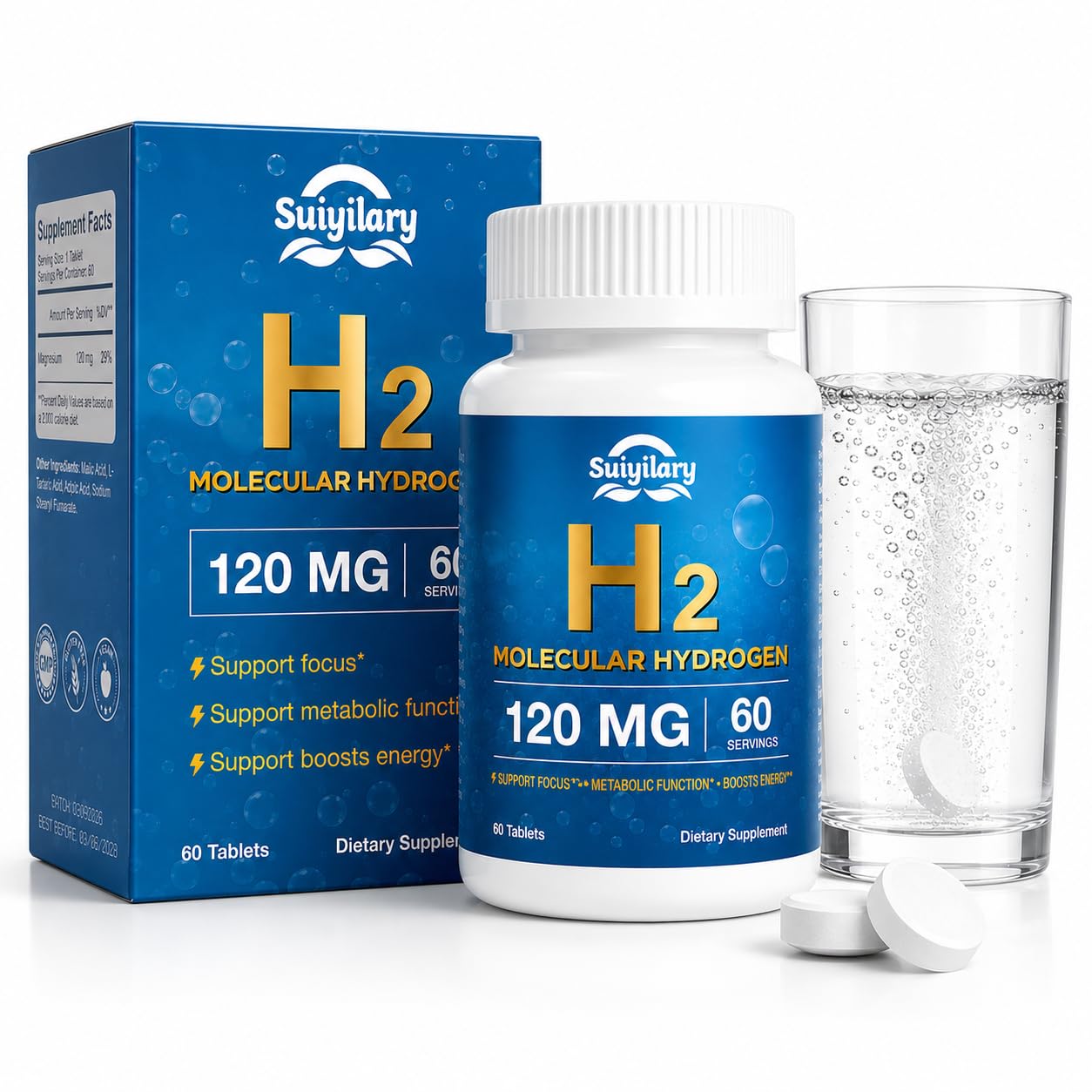 Suiyilary Hydrogen Water Tablets with 120mg Magnesium, H2 Molecular Hydrogen for Drinking Water, Rich in Antioxidants, Supports Cellular Health, Recovery, Immune & Brain Cognitive Function, 60 Tablets
