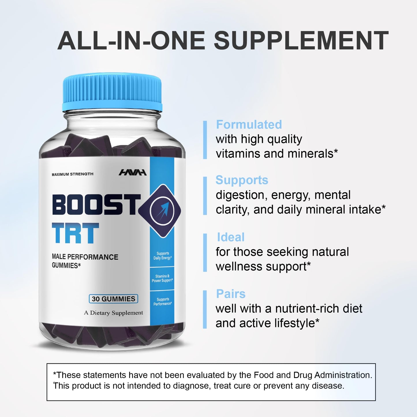 Havah Boost TRT Maximum Strength Performance Gummies, Shilajit Multivitamin Supplement, 30 Count