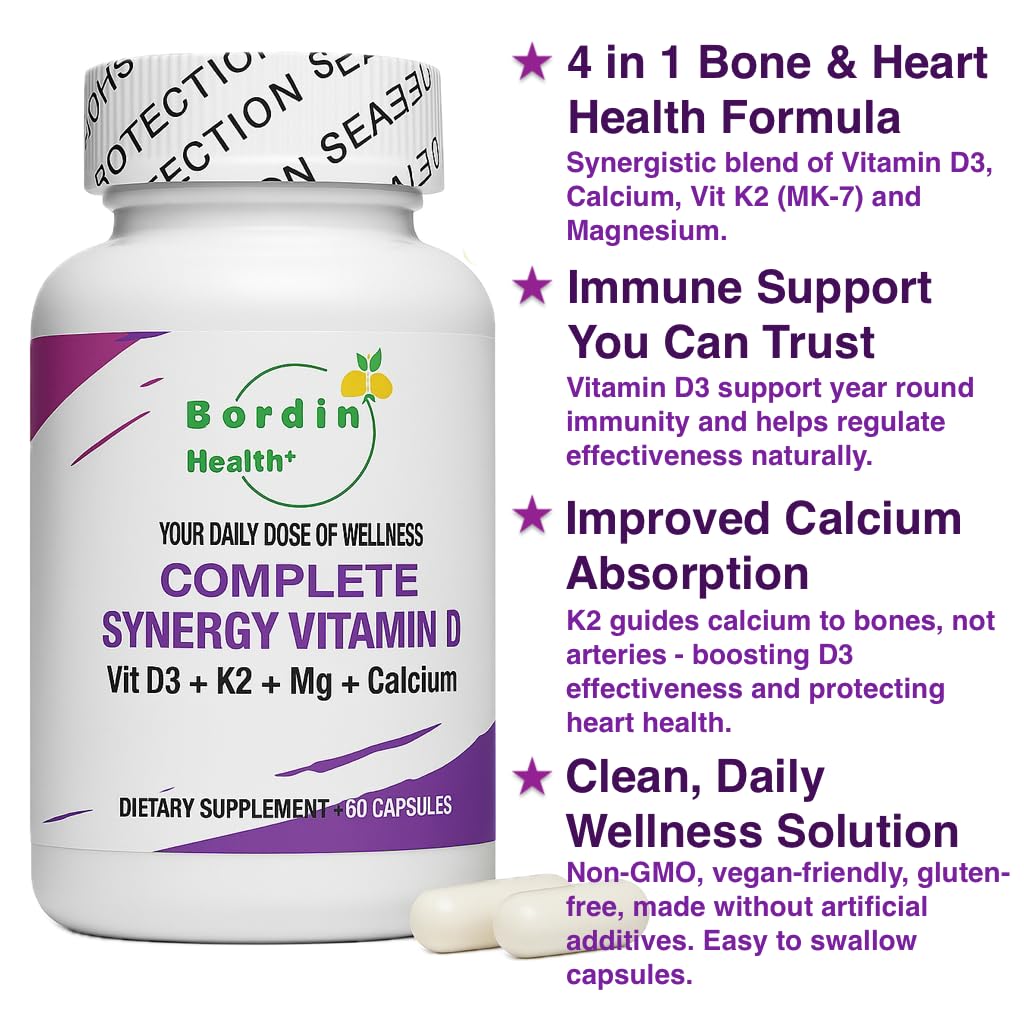 Bordin Health Complete Bone & Heart Support Vitamin D3 1000 IU + K2 MK7 with Magnesium & Calcium Synergistic Formula, High Absorption, 60 Capsules