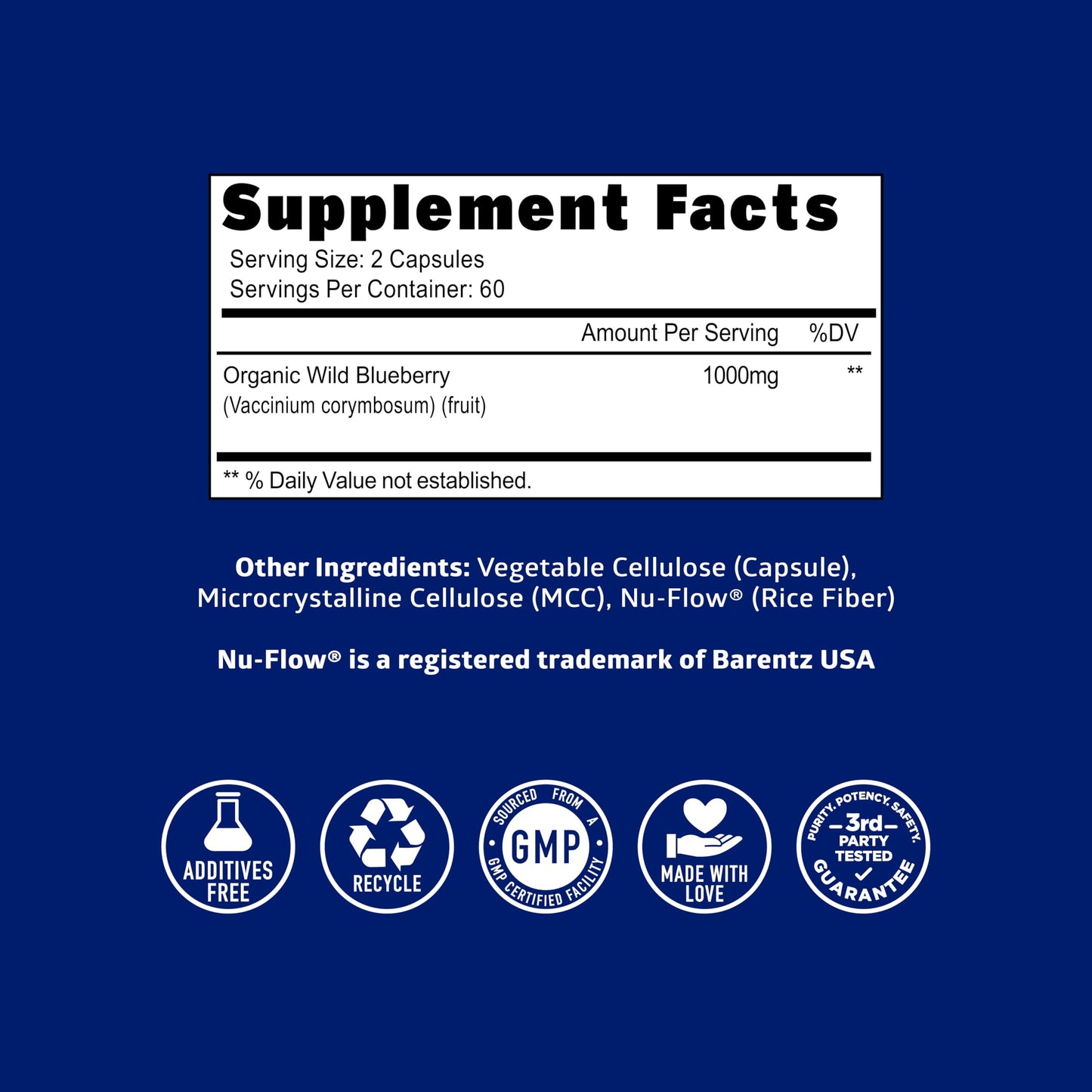 Number One Nutrition Organic Wild Blueberry Extract 1000mg Brain and Immune Support, Non-GMO, 120 Capsules