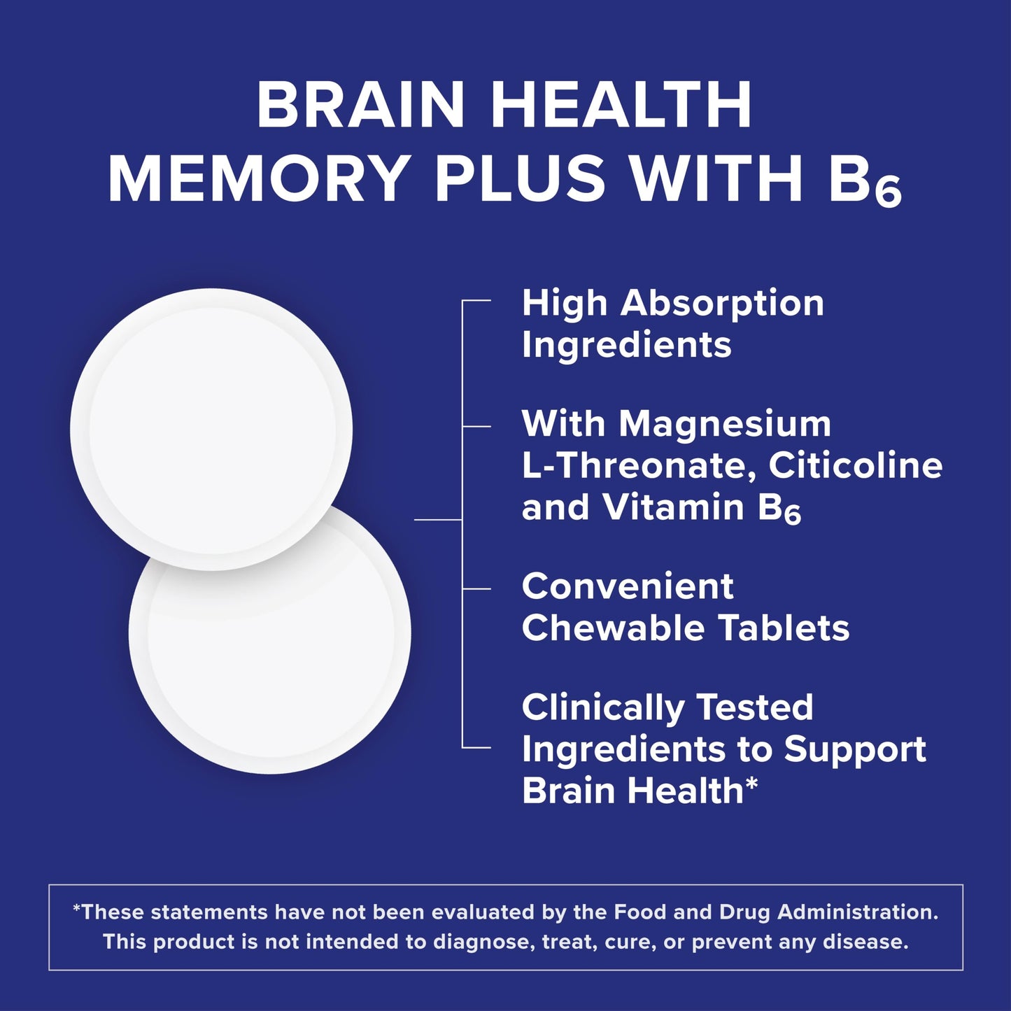 Qunol Brain Health Memory Plus Chewable Tablet with B6, Magnesium L-Threonate & Citicoline, 60 Tablets