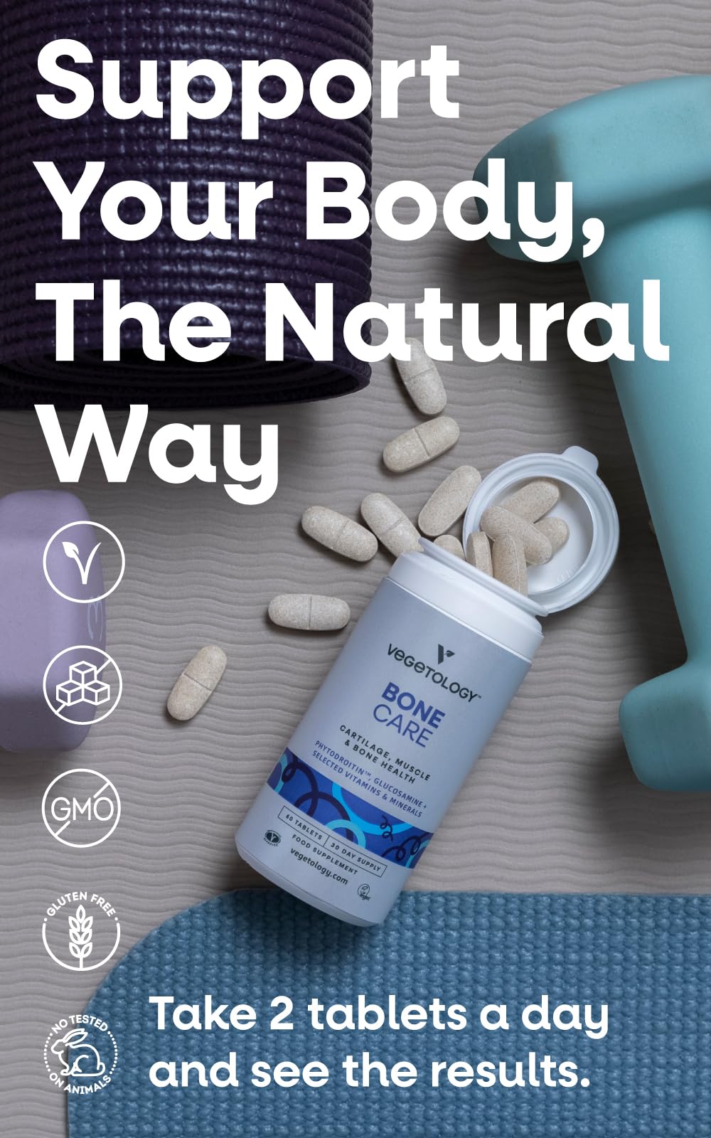 VEGETOLOGY Bone Care Bone Health Supplements - Phytodroitin, Glucosamine, Vitamin D3 K2 & Calcium Supplement – Cartilage, Muscle & Joint Support – Vegan Bone Strength, 60 Tablets