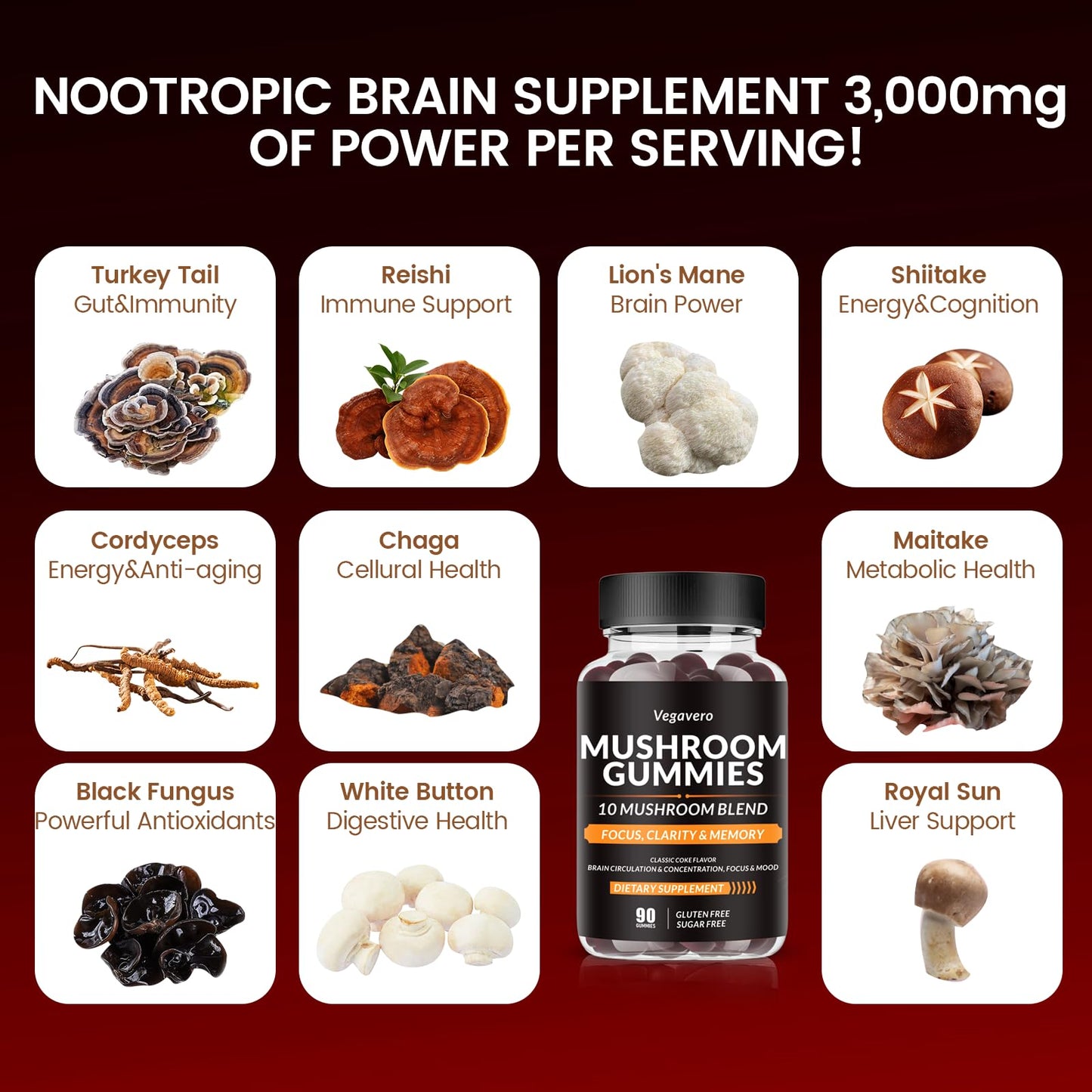 Vegavero Mushroom Gummies - 10x Mushroom Blend - Mushroom Complex - Mushroom Supplement 90 Count