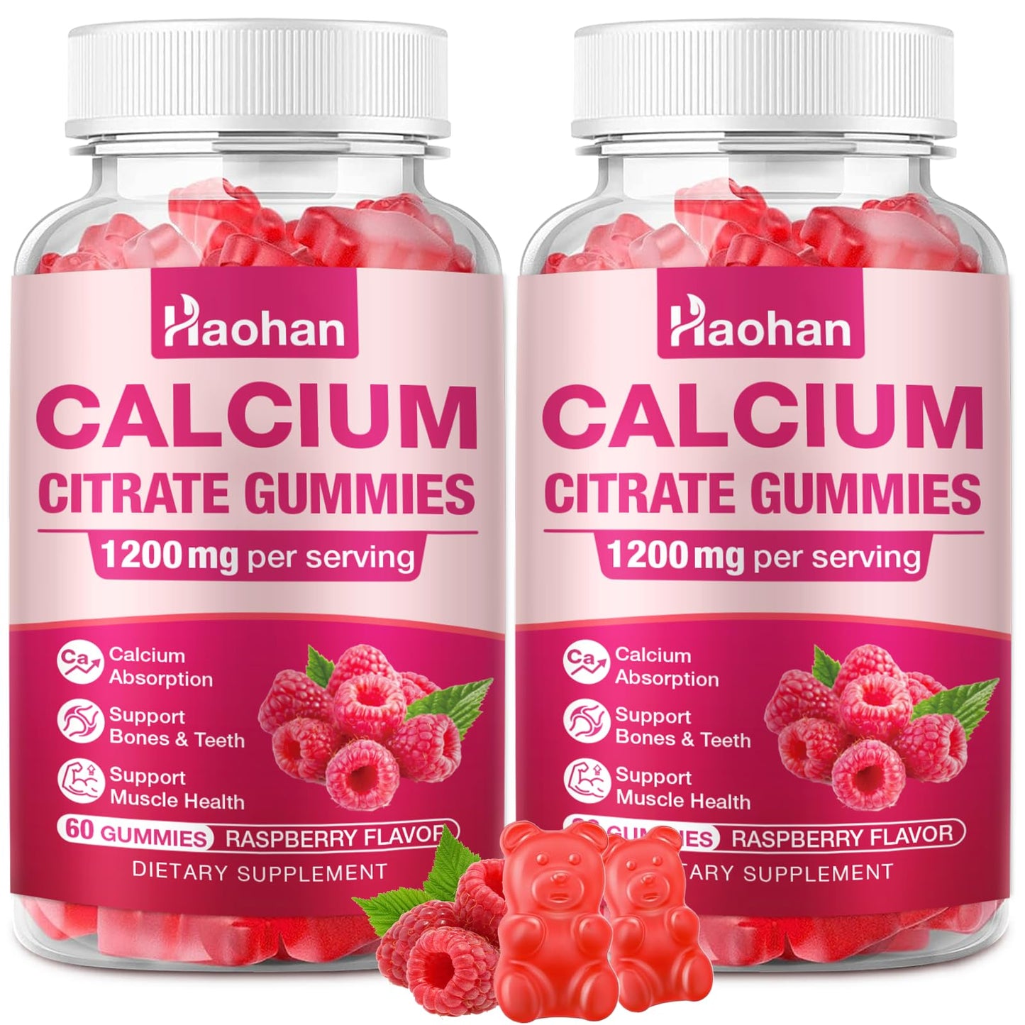Haohan Calcium Citrate Gummies 1200mg Sugar-Free Chewable Supplement for Women & Men with Bone, Muscle & Immune Support Raspberry Flavor, 120 Count, 2 Bottles