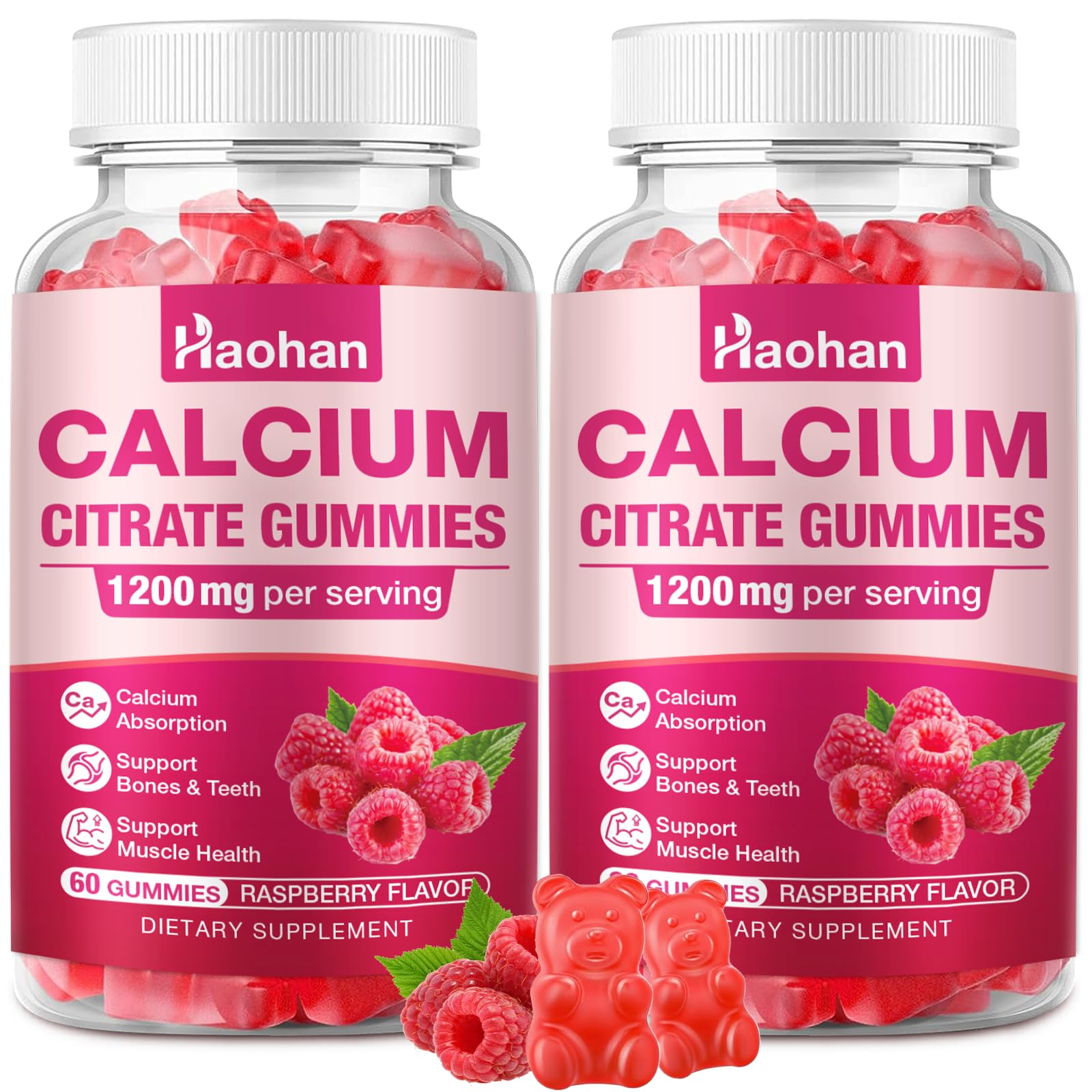 Haohan Calcium Citrate Gummies 1200mg Sugar-Free Chewable Supplement for Women & Men with Bone, Muscle & Immune Support Raspberry Flavor, 120 Count, 2 Bottles