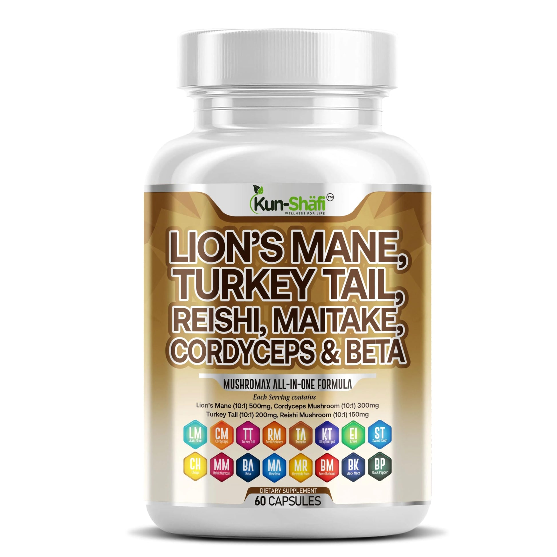 Kun Shafi Lions Mane Mushroom Supplement 20in1 with Turkey Tail Reishi Cordyceps Chaga Maitake Meshima Poria Cocos Shiitake Oyster Porcini Enoki 60 Capsules