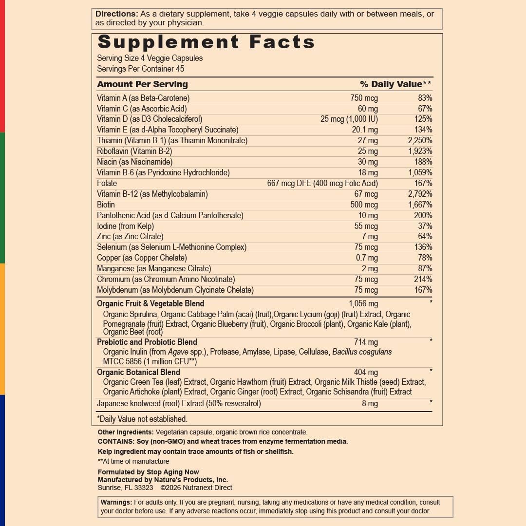 Stop Aging Now Multi360 Multivitamin Supplement with Fruits & Veggies, 180 Capsules
