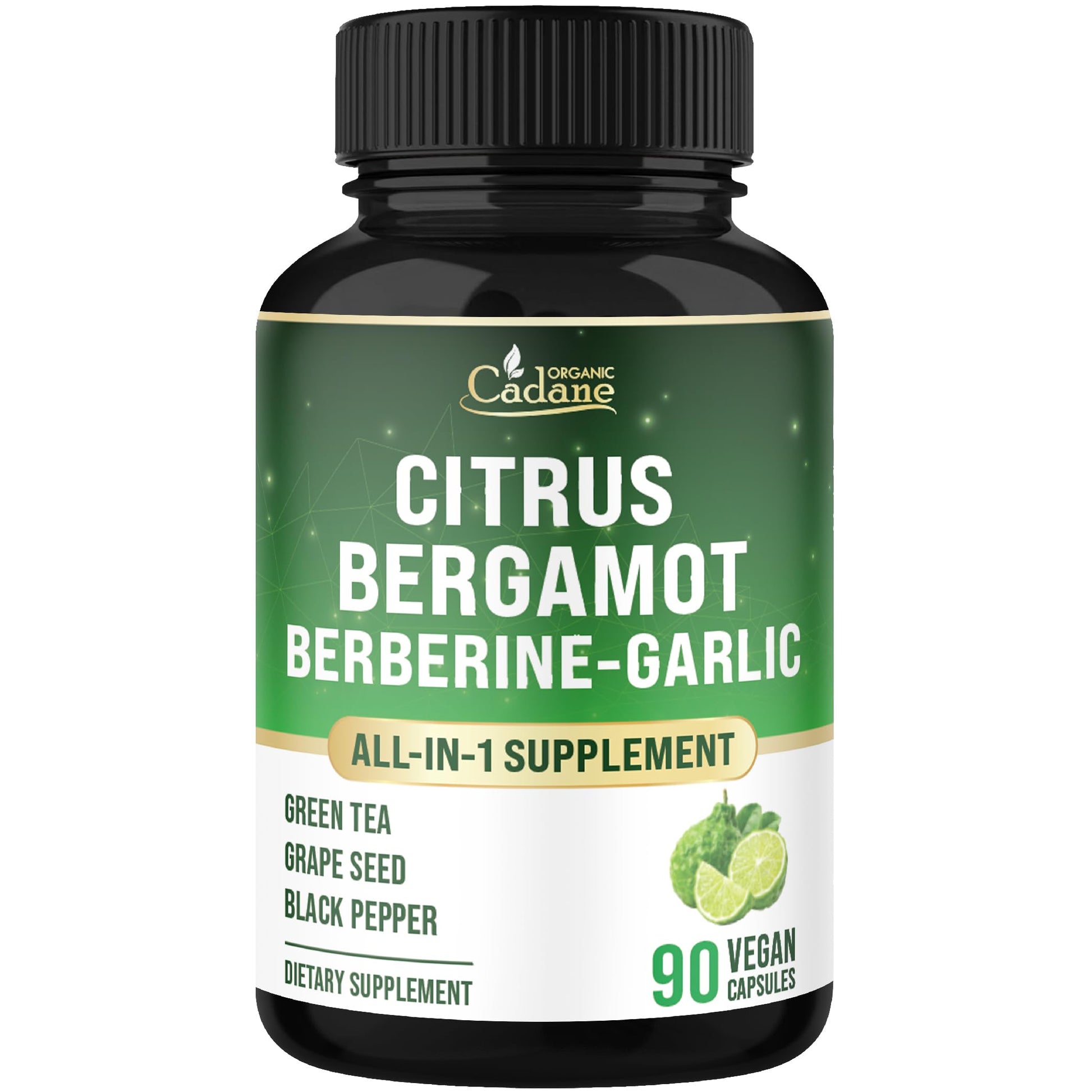 Organic Cadane Citrus Bergamot Supplement with Berberine, Garlic, Green Tea, Grape Seed & Black Pepper 90 Capsules