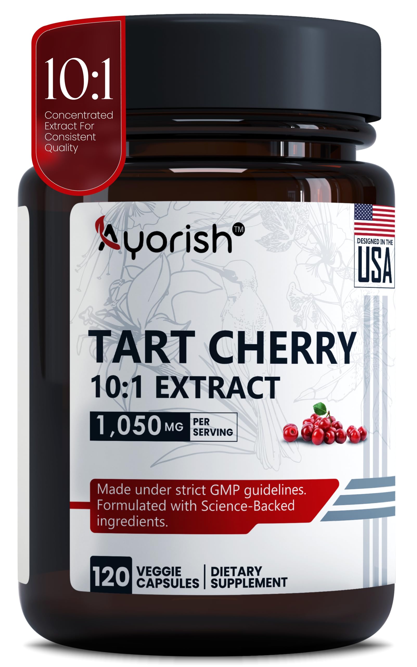 Ayorish Tart Cherry Capsules 1050mg Tart Cherry Extract 10:1, 120 Capsules