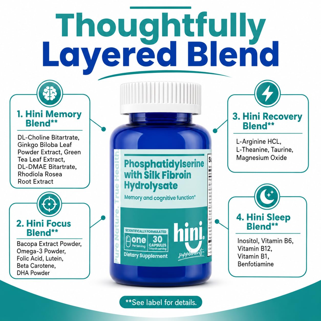 HINI Phosphatidylserine with Silk Fibroin Hydrolysate Capsules, 30