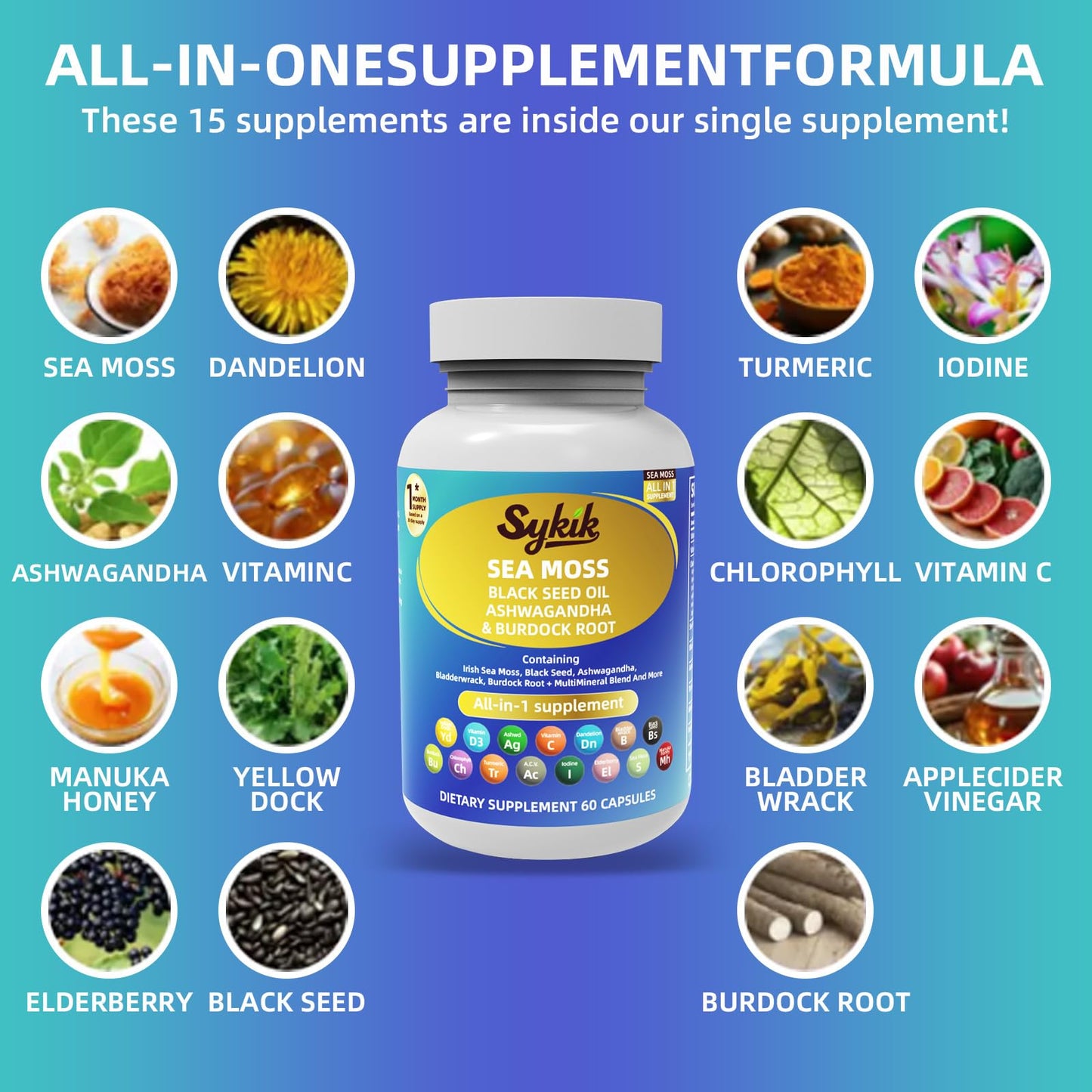 Sykik Sea Moss Black Seed Oil with Ashwagandha, Turmeric, Bladderwrack, Burdock, Vitamins C & D3, Elderberry, Manuka, Dandelion, Yellow Dock, Iodine, Chlorophyll, ACV Capsules 60 Count