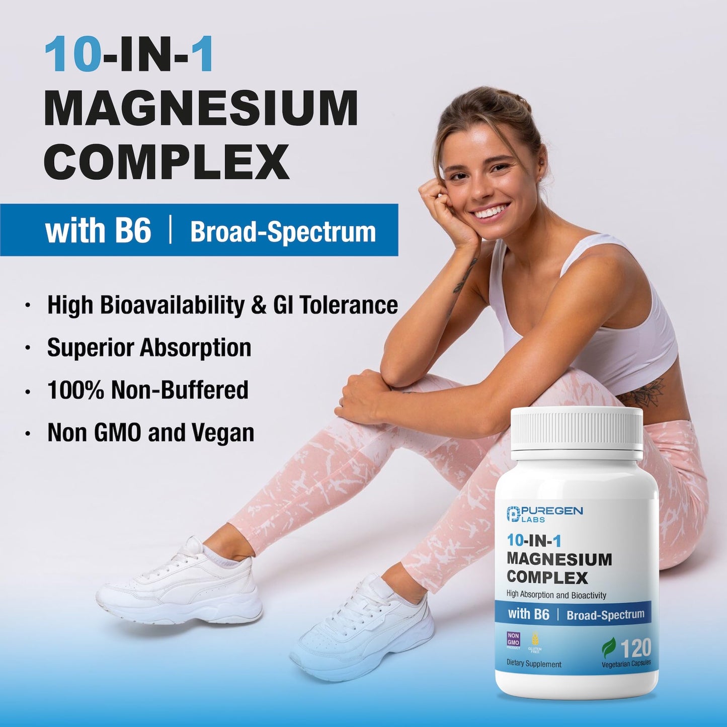 P Puregen Labs Magnesium Complex 500mg with B6 10 in 1 Veggie Capsules, 120 Count