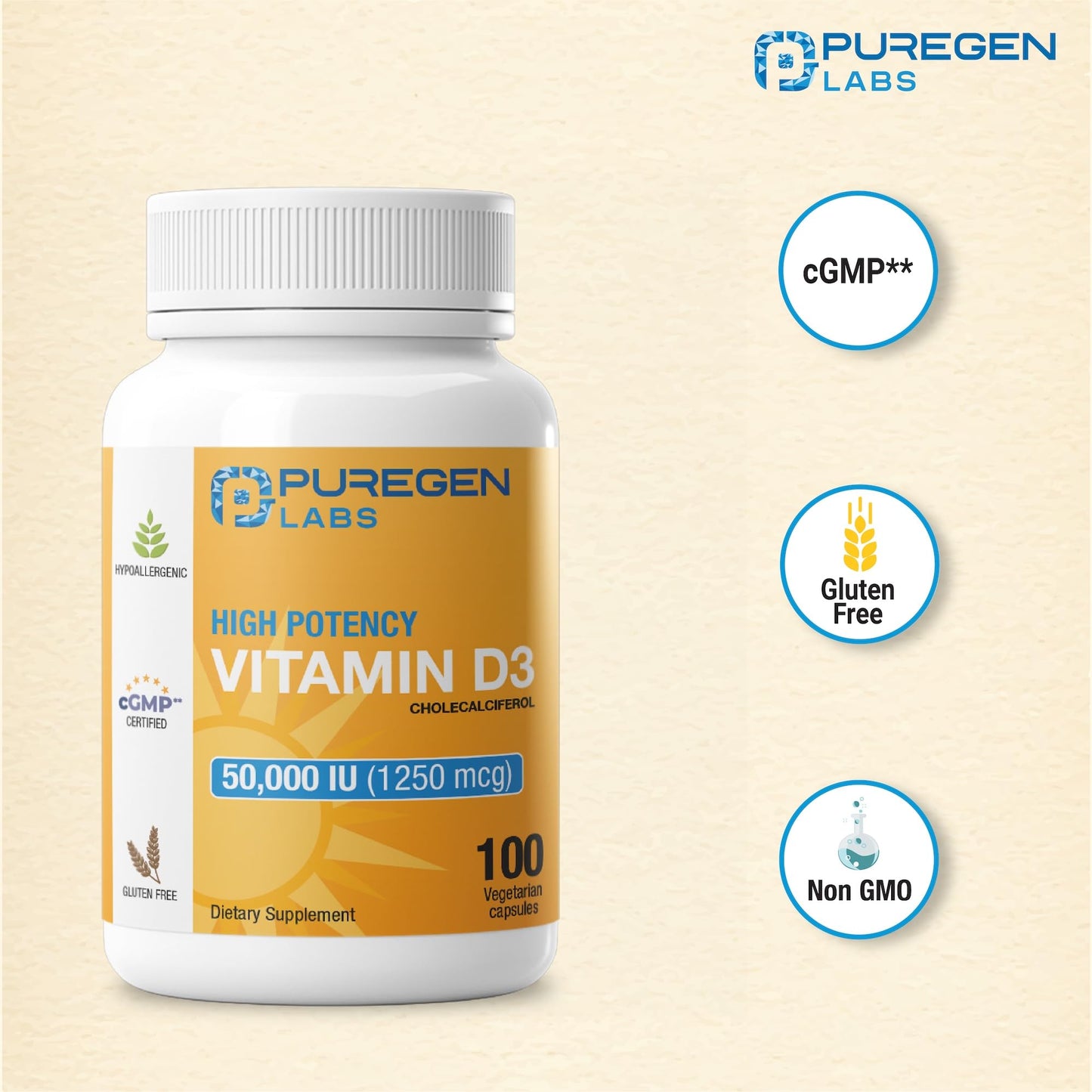 P Puregen Labs Vitamin D3 50,000 IU (1250 mcg) Capsules, 100 Count