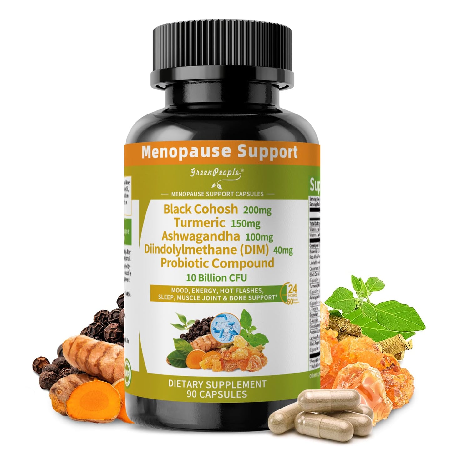 GREENPEOPLE Menopause Supplements for Women - Black Cohosh & Ashwagandha for Hot Flashes, Night Sweats, Mood Swings, Hormonal Balance Support, 10 Billion CFU Probiotic, 90 Capsules