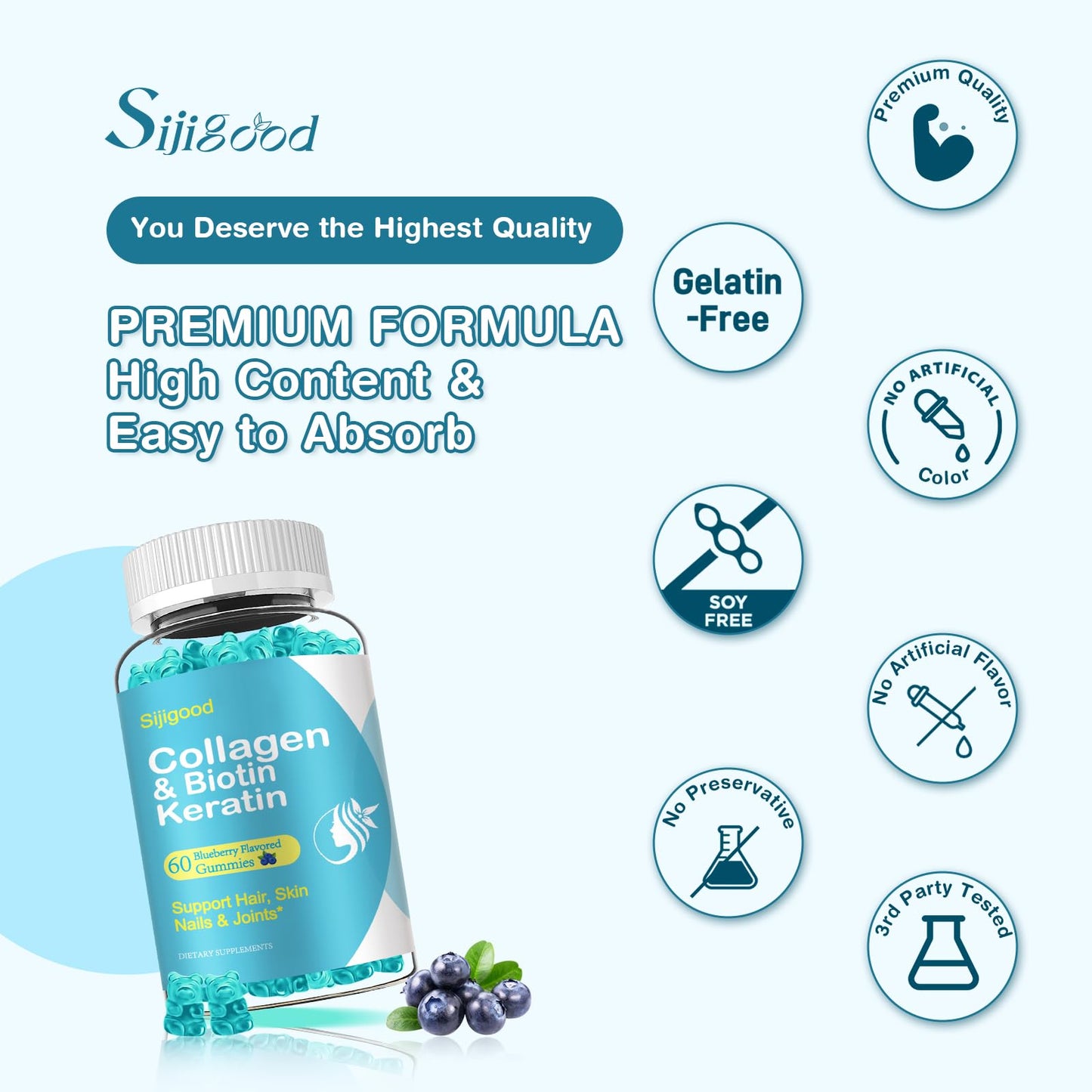Sijigood Biotin Gummies with Collagen, Keratin, Hyaluronic Acid, Vitamin for Skin, Hair Growth, Nails, Women Men Adults Kids, Blueberry Flavored, 120 Gummies