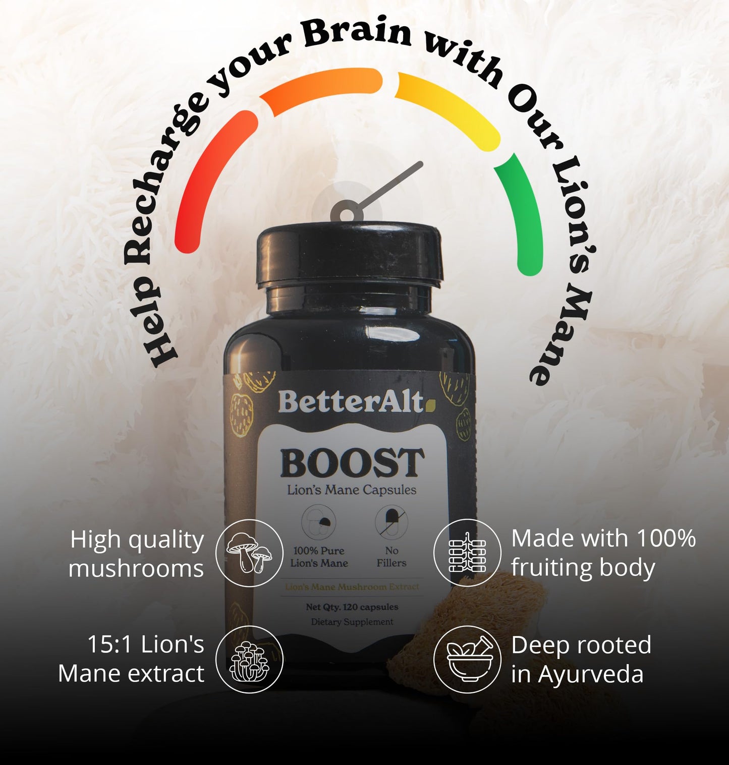 Better Alt Lion's Mane Mushroom Capsules, 1000 mg High-Potency 15:1 Extract, 30% Polysaccharides, 120 Capsules