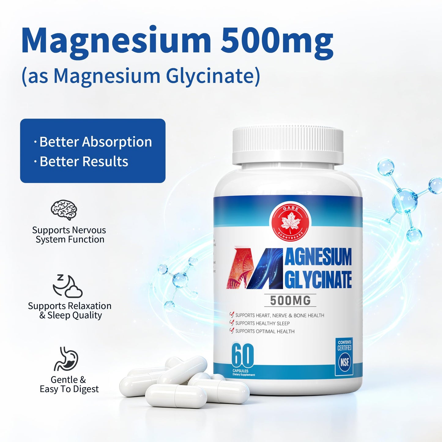 GABE SUNNYBEARS Magnesium Glycinate 500mg with B6 & B12 High Absorption Magnesium Supplement for Sleep, Relaxation & Muscle Support, Gentle on Stomach, 60 Capsules