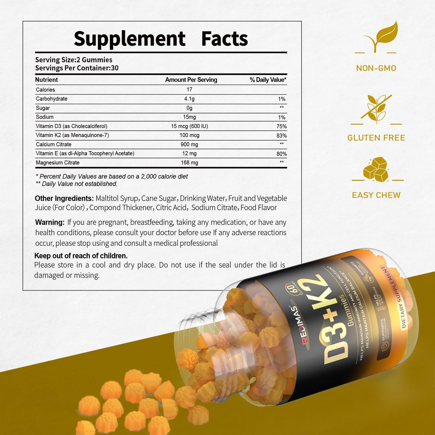 Redimas Calcium Gummies with Vitamin D3, K2 and Vitamin E, Chewable Calcium and Magnesium Supplement with Multi-Vitamin Complex, 60 Gummies