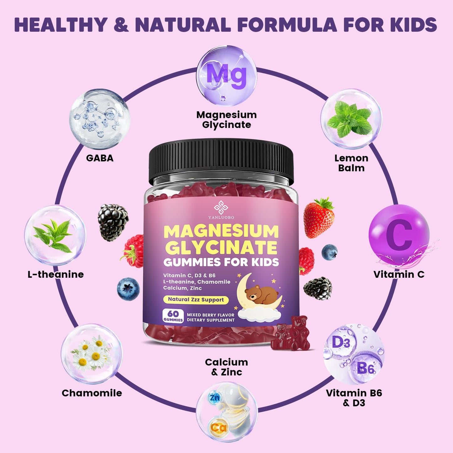 YANLUOBO Kids Magnesium Glycinate Gummies 60 Count