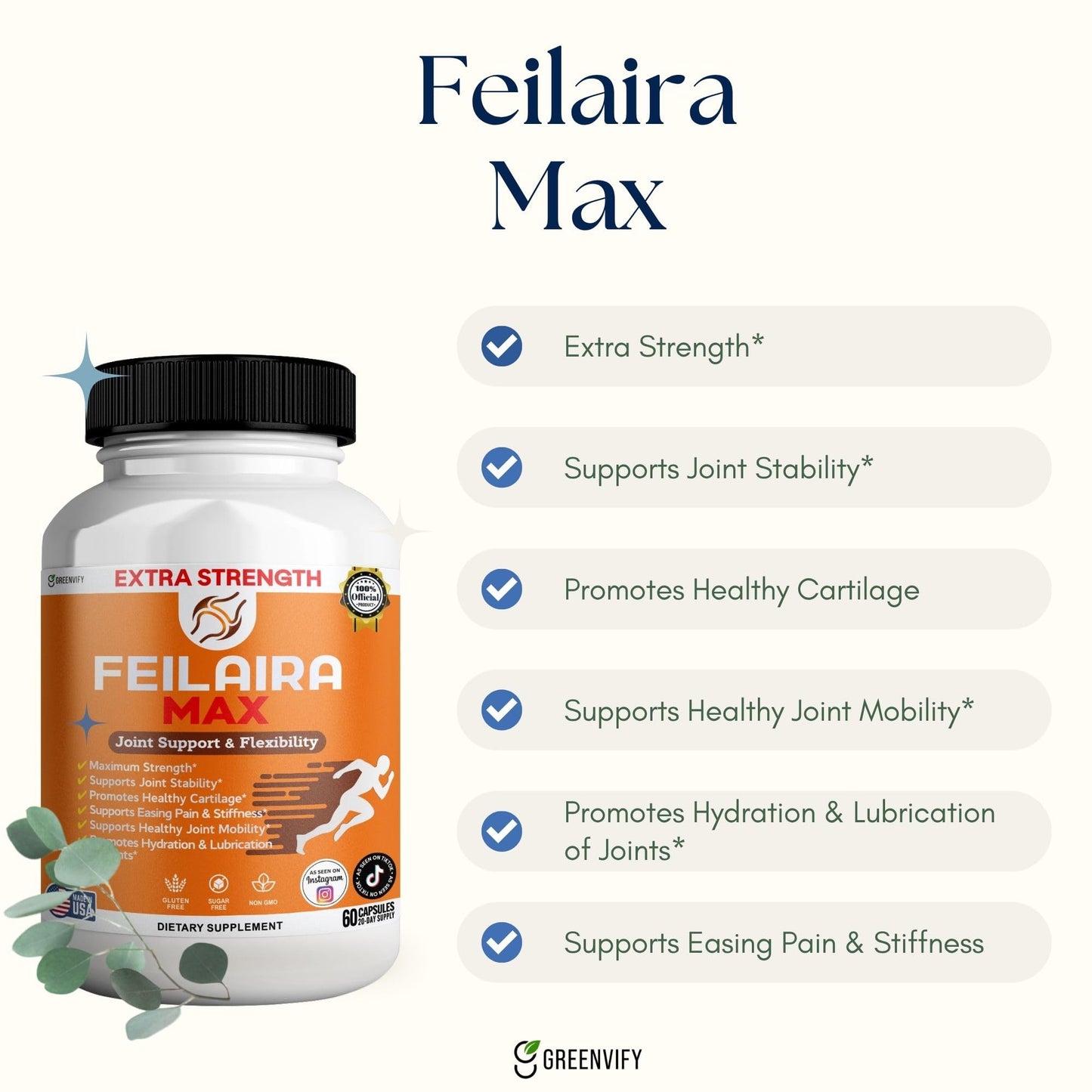 GREENVIFY Feilaira Max Extra Strength Joint Support Supplement, Glucosamine Complex for Mobility, 60 Capsules