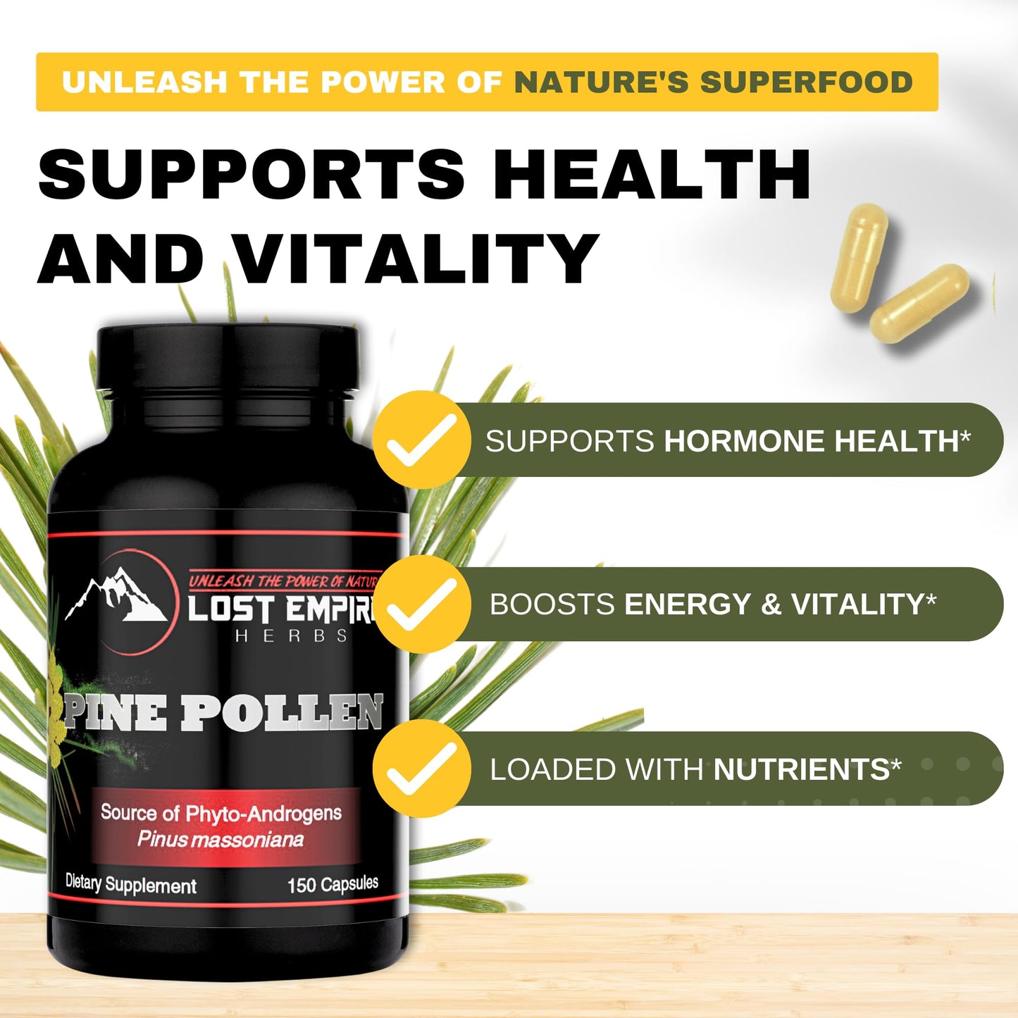 Lost Empire Herbs Pine Pollen Capsules, 150 Count